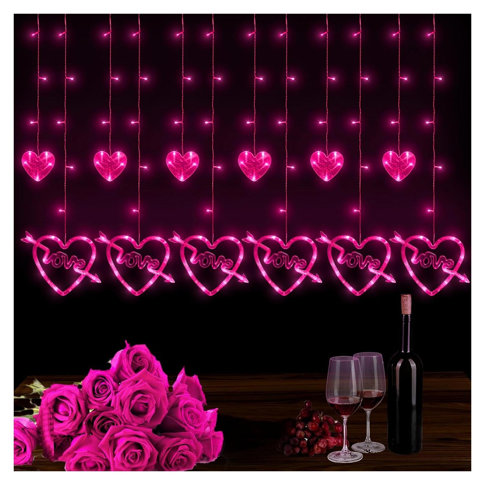 Luces de Cortina Corazón 138 LED Rosa con Control Remoto