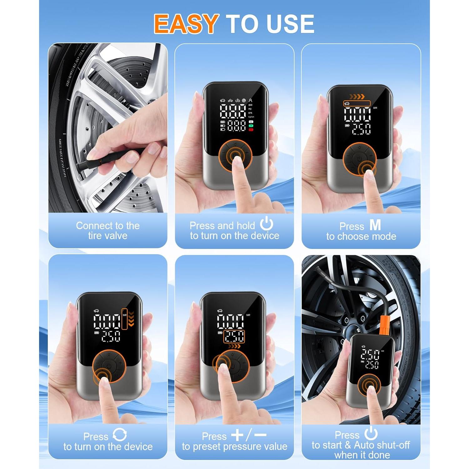 Compresor de Aire Portátil SINGARO 150 PSI con Luz LED