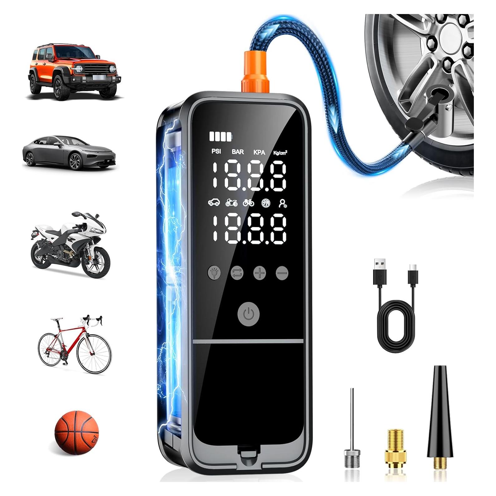 160PSI Tire Inflator Portable Air Compressor, 6000mAh Cordless Air Pump for Car Tires Electric Bike Pump with LED Light & Pressure Gauge, Portable tire Inflator for Car, Motor, Bike, Ball