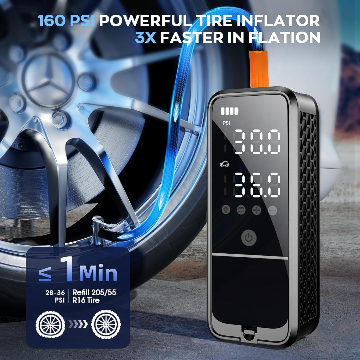 160PSI Tire Inflator Portable Air Compressor, 6000mAh Cordless Air Pump for Car Tires Electric Bike Pump with LED Light & Pressure Gauge, Portable tire Inflator for Car, Motor, Bike, Ball