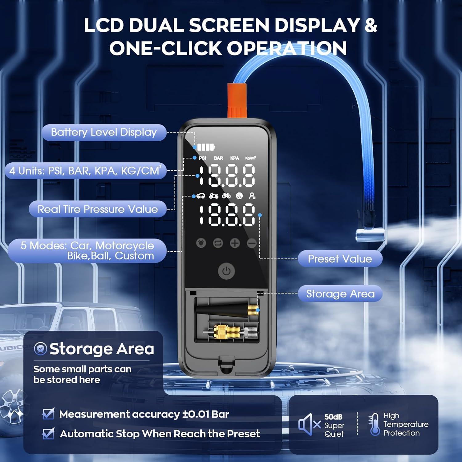 160PSI Tire Inflator Portable Air Compressor, 6000mAh Cordless Air Pump for Car Tires Electric Bike Pump with LED Light & Pressure Gauge, Portable tire Inflator for Car, Motor, Bike, Ball