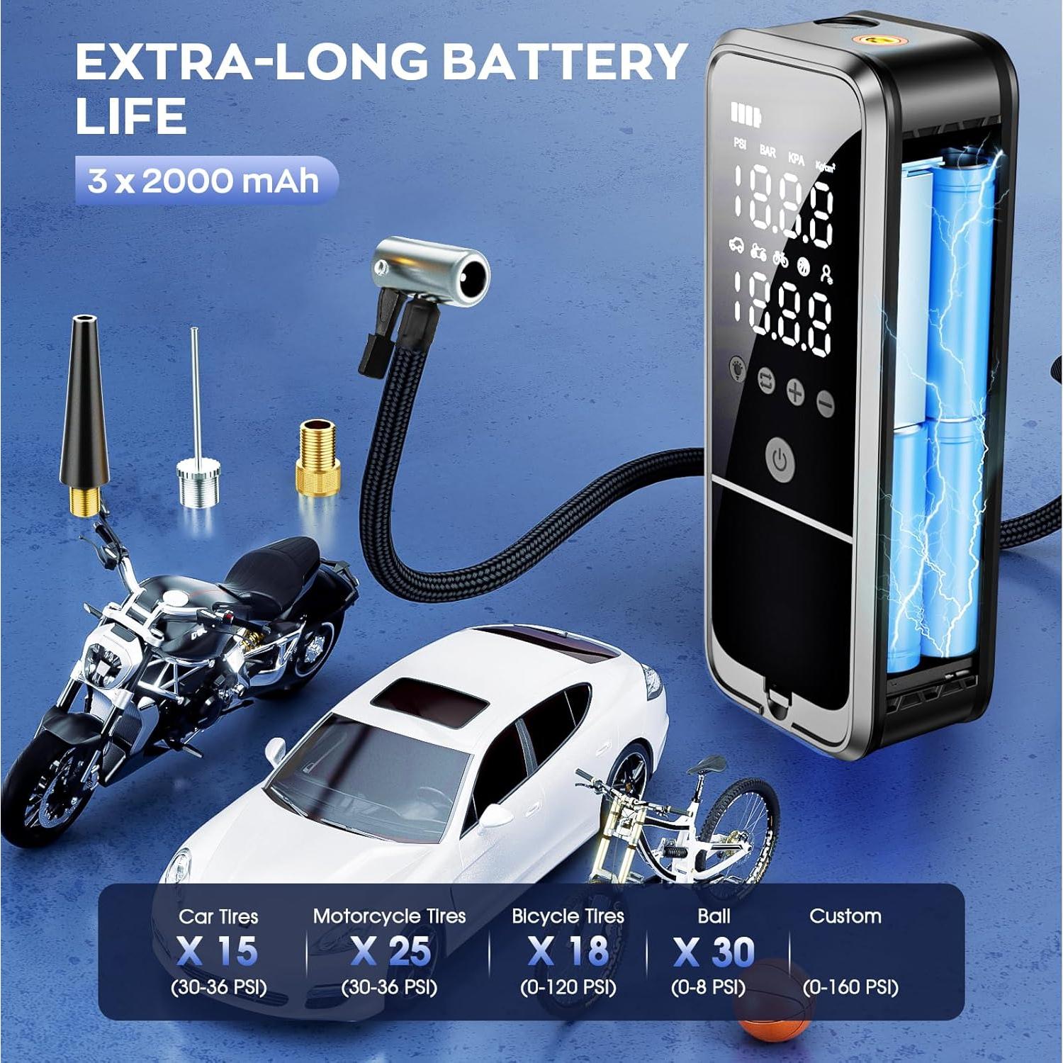 160PSI Tire Inflator Portable Air Compressor, 6000mAh Cordless Air Pump for Car Tires Electric Bike Pump with LED Light & Pressure Gauge, Portable tire Inflator for Car, Motor, Bike, Ball