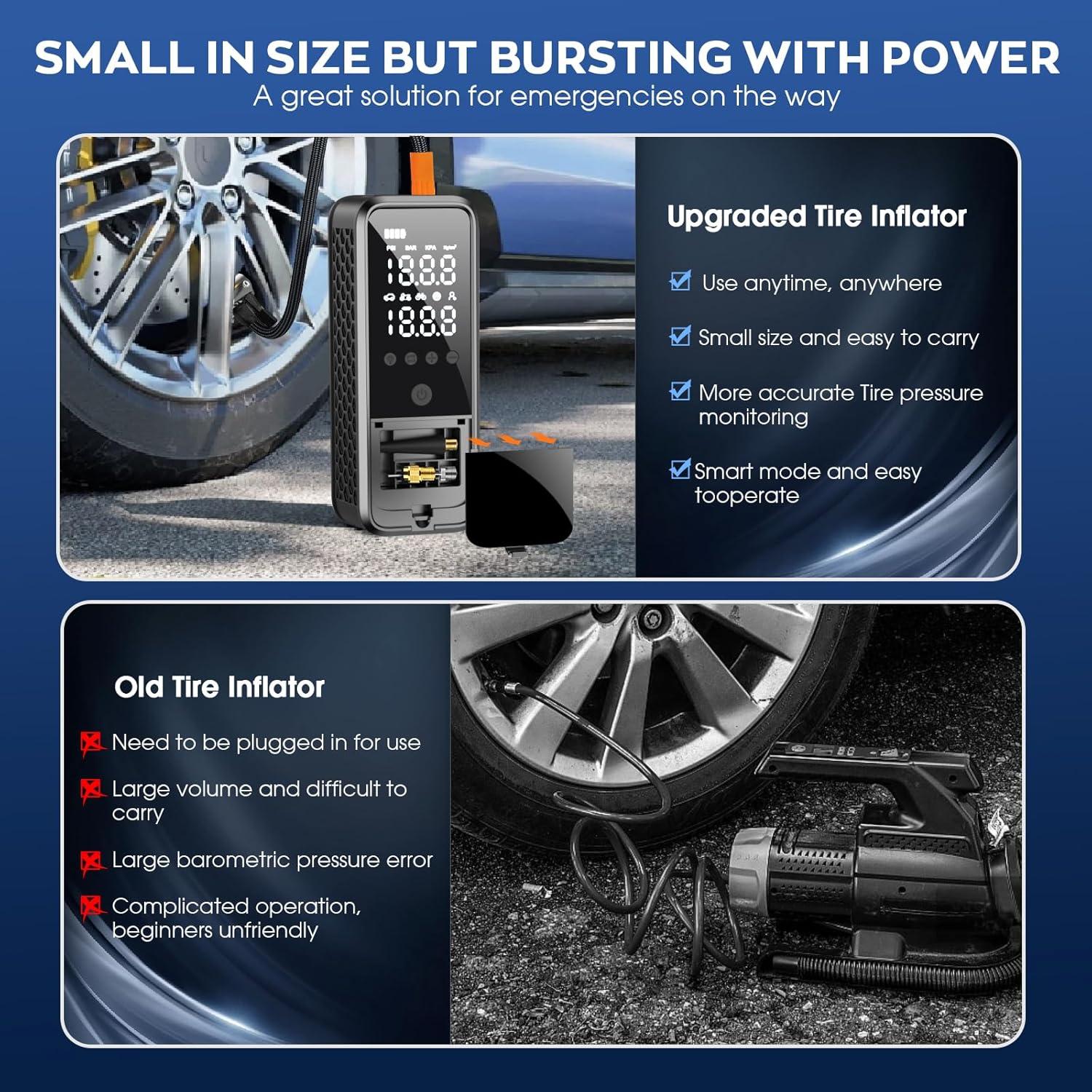 160PSI Tire Inflator Portable Air Compressor, 6000mAh Cordless Air Pump for Car Tires Electric Bike Pump with LED Light & Pressure Gauge, Portable tire Inflator for Car, Motor, Bike, Ball