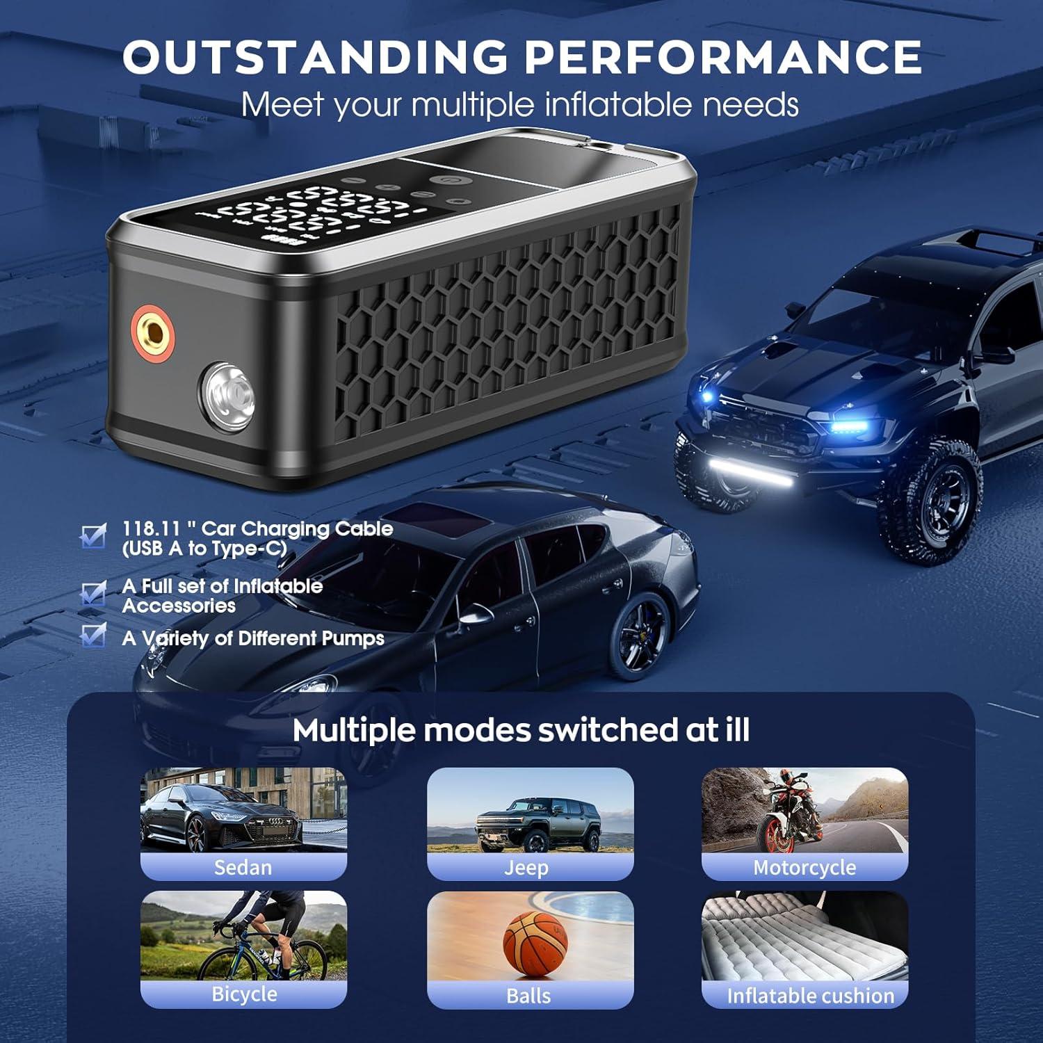 160PSI Tire Inflator Portable Air Compressor, 6000mAh Cordless Air Pump for Car Tires Electric Bike Pump with LED Light & Pressure Gauge, Portable tire Inflator for Car, Motor, Bike, Ball