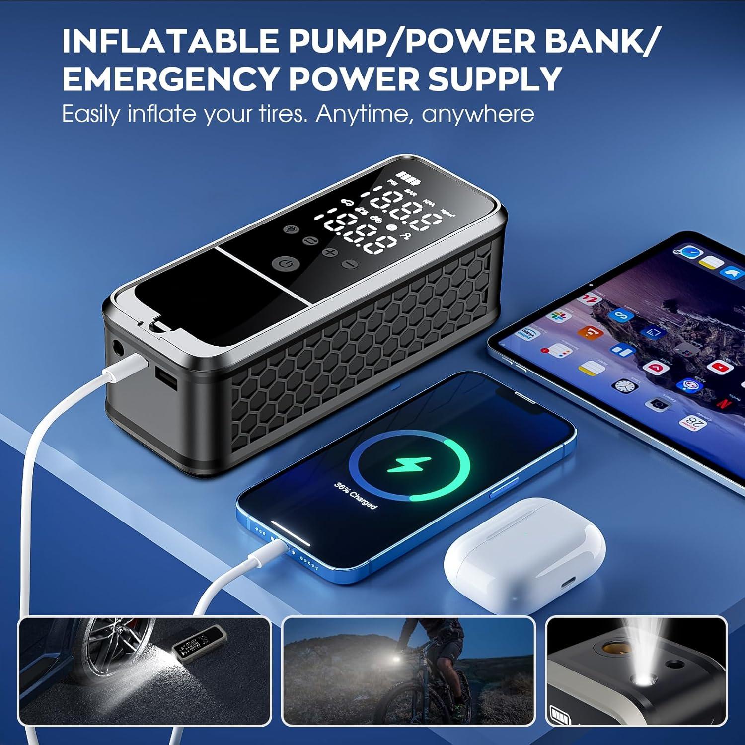 160PSI Tire Inflator Portable Air Compressor, 6000mAh Cordless Air Pump for Car Tires Electric Bike Pump with LED Light & Pressure Gauge, Portable tire Inflator for Car, Motor, Bike, Ball