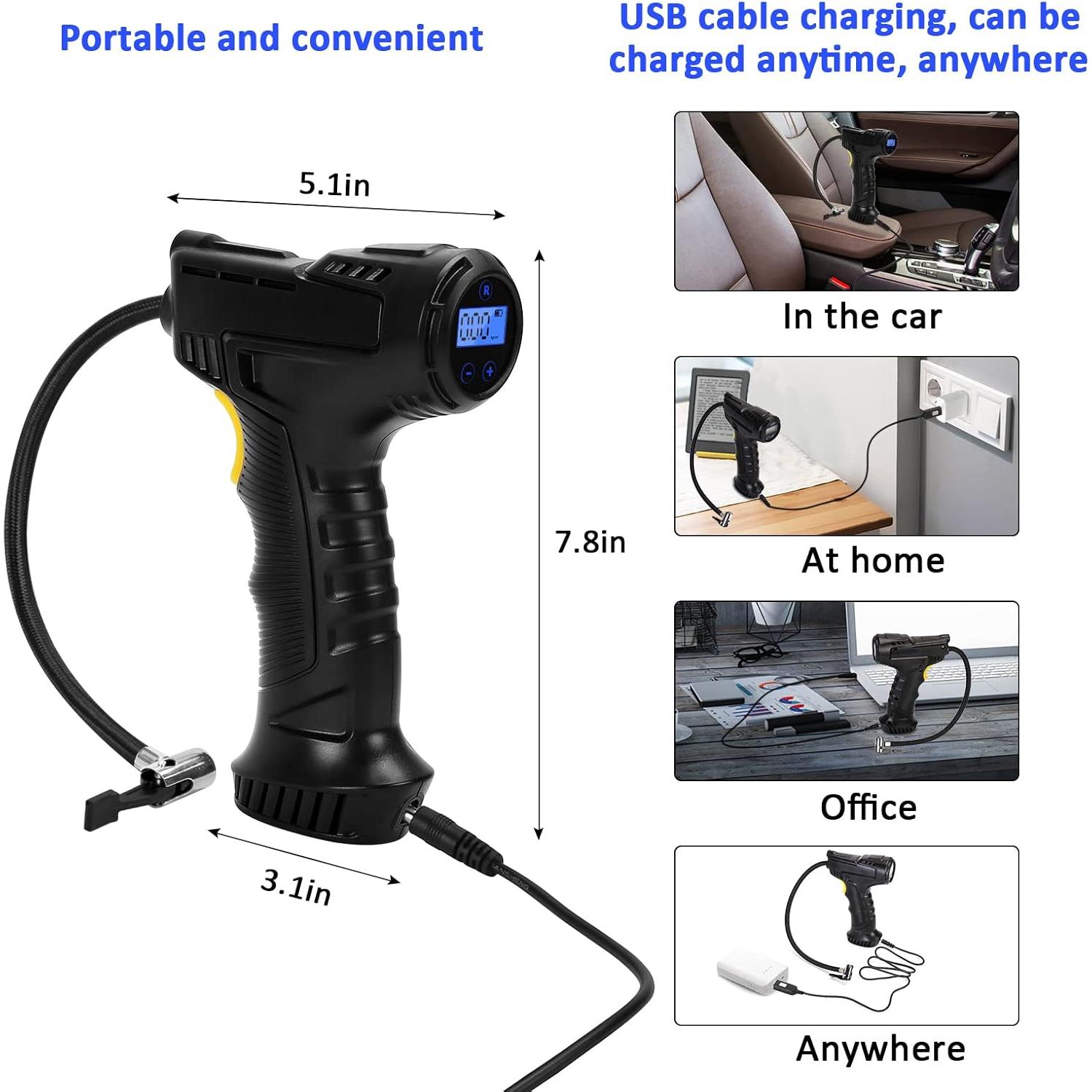Cordless Air Compressor Tire Inflator,Portable Handheld Air Pump for Tires with Digital Pressure Gauge,12V Rechargeable Battery Powered Wireless Air Pump for Car Bike Bicycles Motorcycles Ball