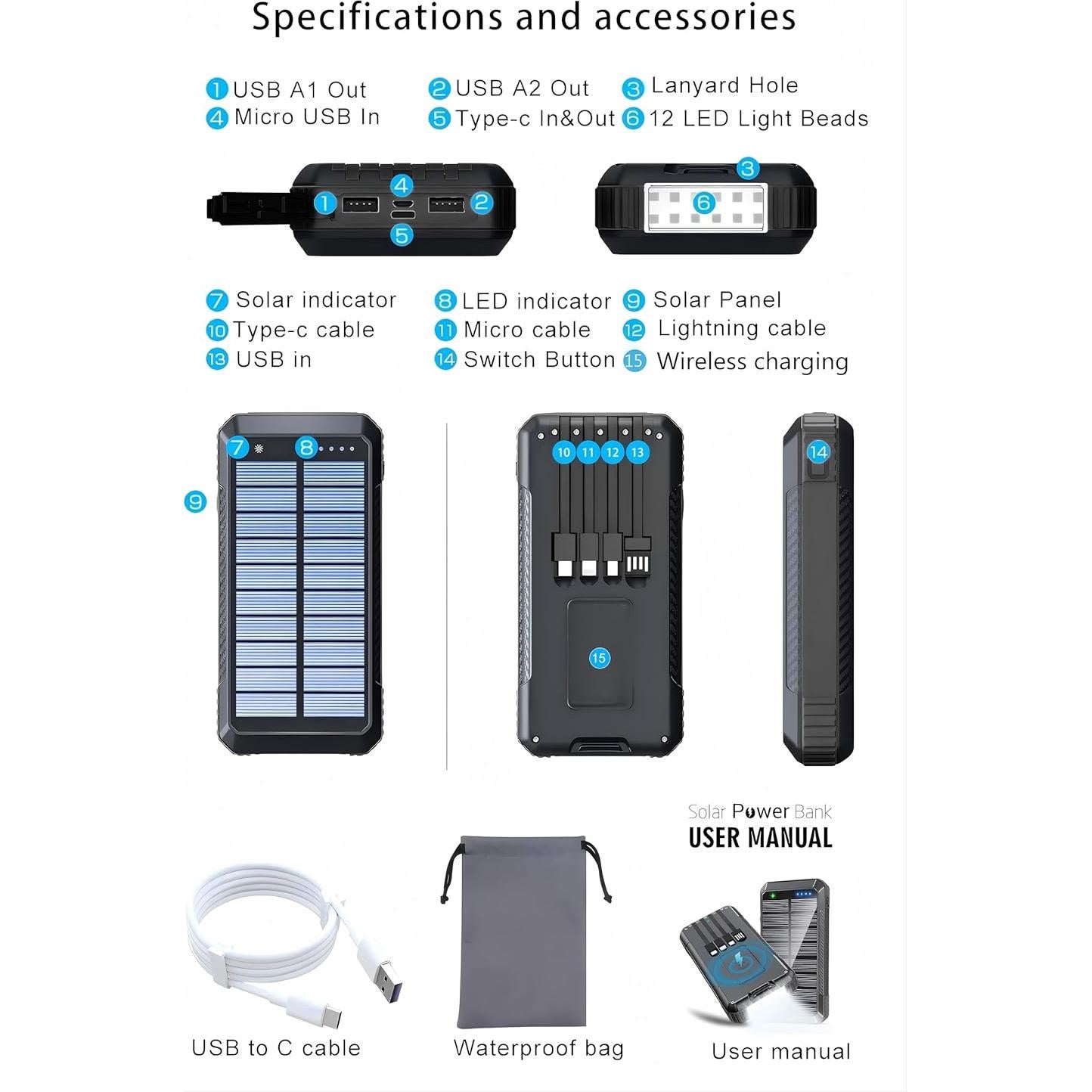 Banco de Energía Solar DJKK 52800mAh Cargador Inalámbrico 22.5W