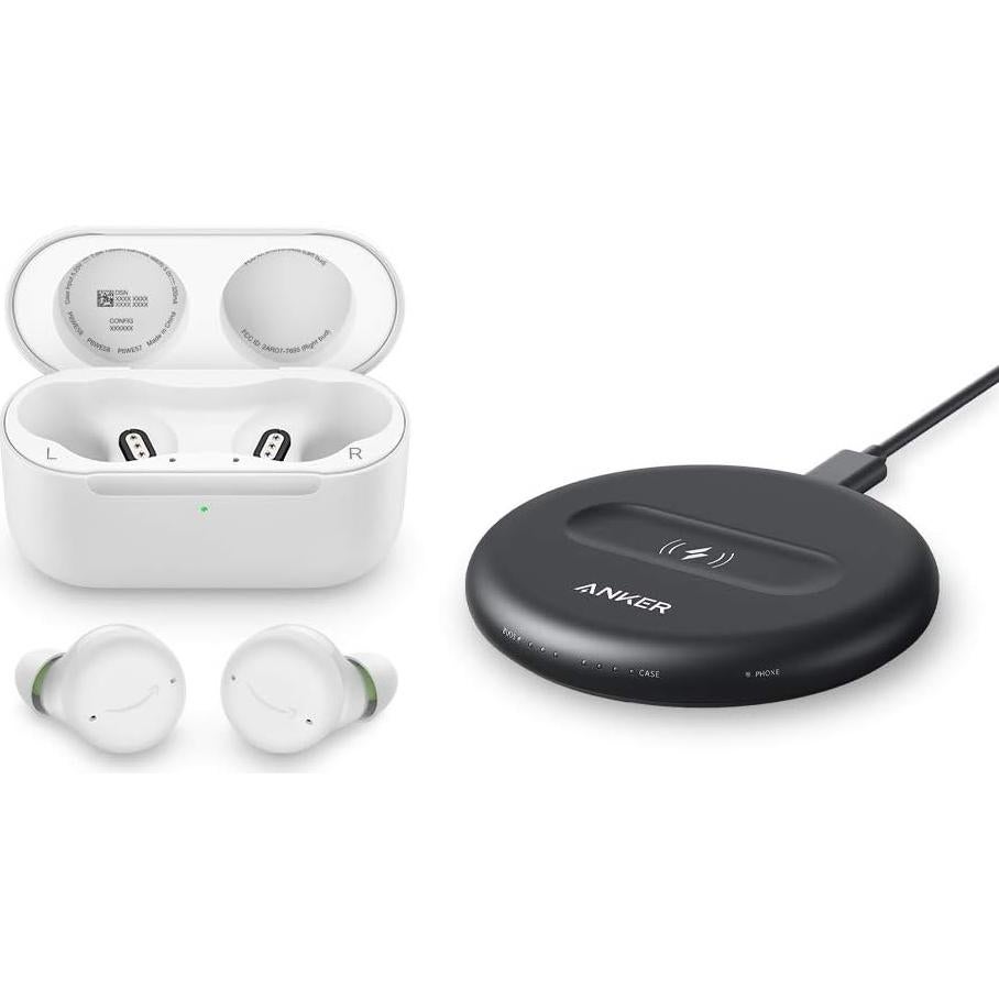Amazon Echo Buds with Active Noise Cancellation (newest model), Wireless earbuds and Alexa, Wireless charging case and made for Amazon wireless charging pad, Glacier White