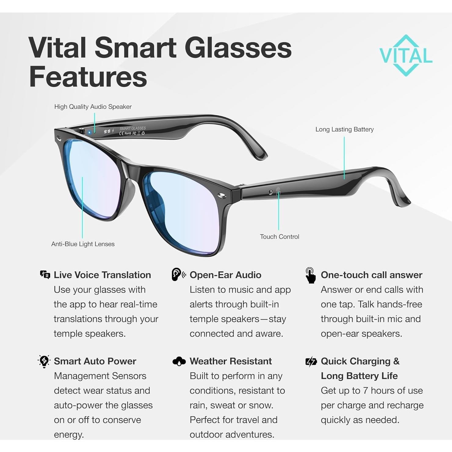 Gafas Inteligentes Vital Freeze2Trim - Traducción AI, Bluetooth 5.3, UV400