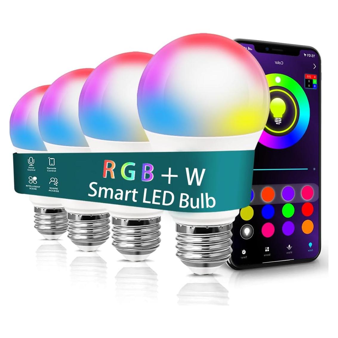 Bombillas LED Inteligentes A19 E26 9W RGB con Control BT - Paquete de 4