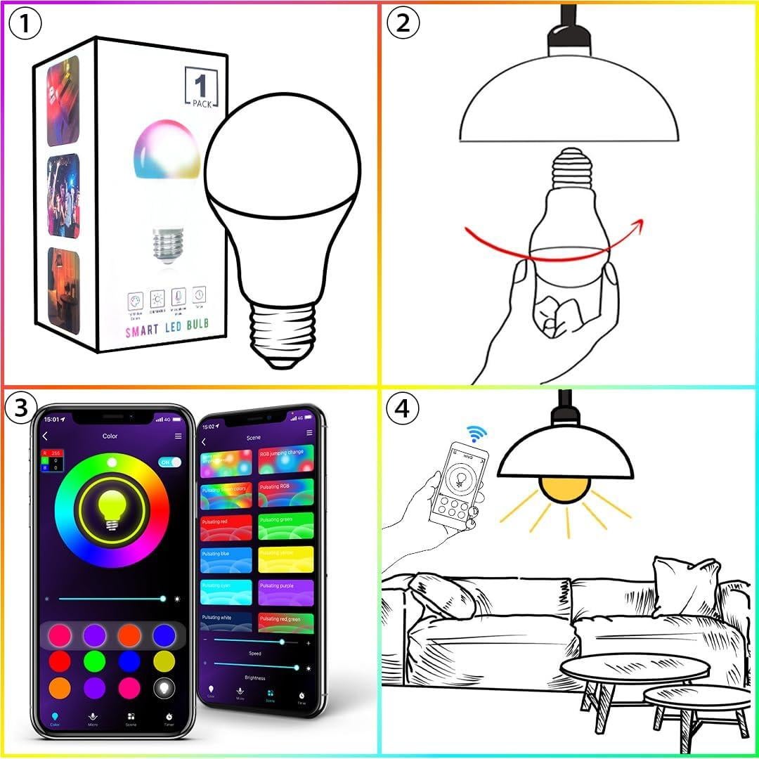 Bombillas LED Inteligentes A19 E26 9W RGB con Control BT - Paquete de 4