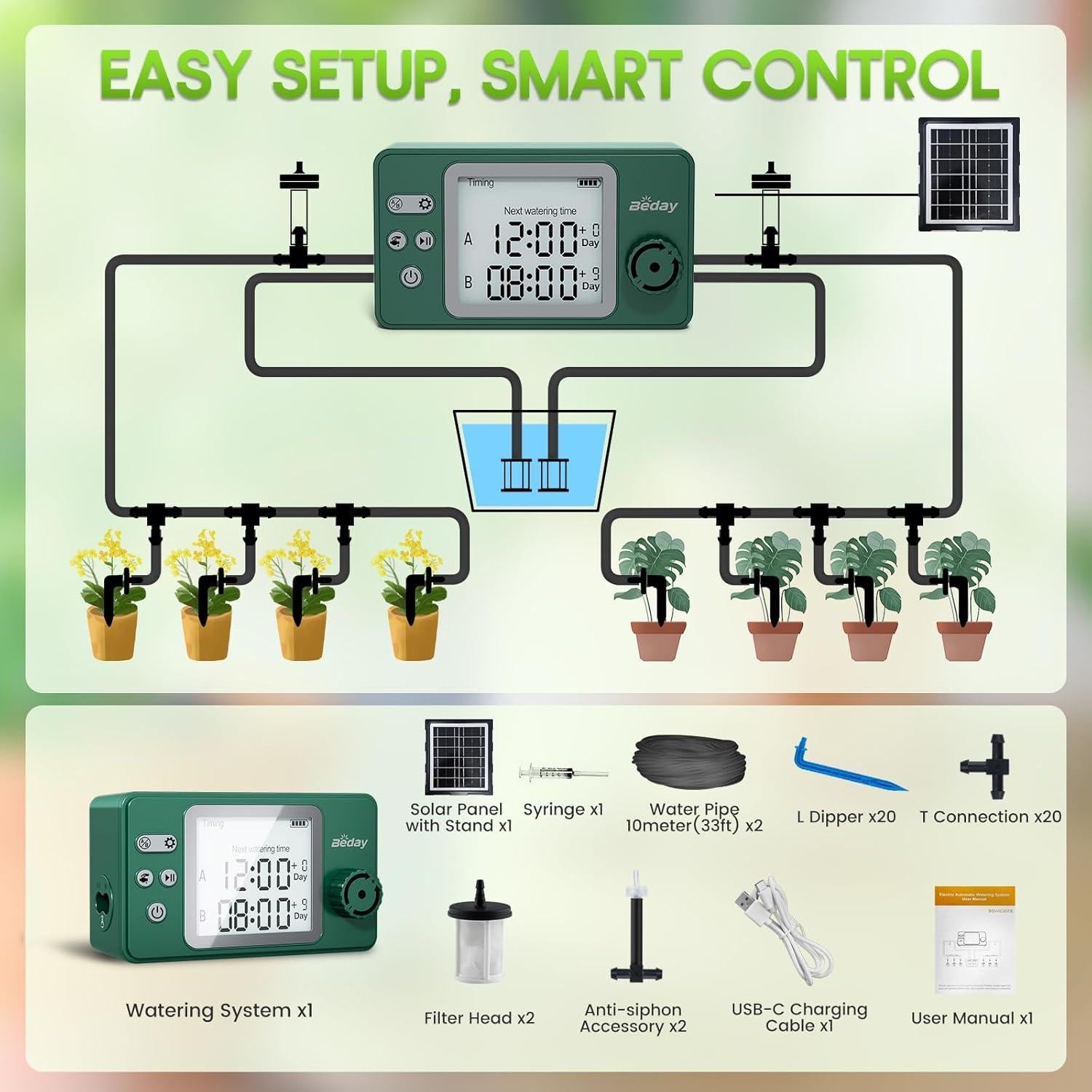 Kit de Riego Solar Automático Beday IC-207-GN para 20 Plantas