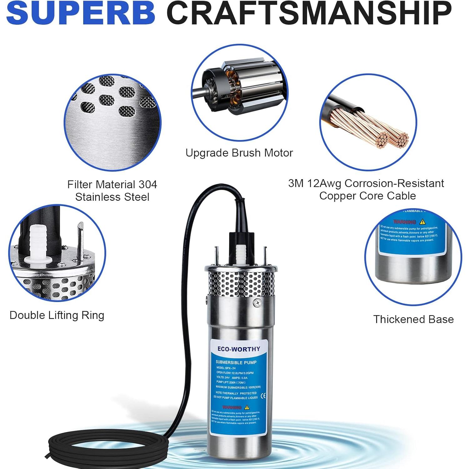 Kit de Bomba de Agua Solar 12V ECO-WORTHY 200W para Riego