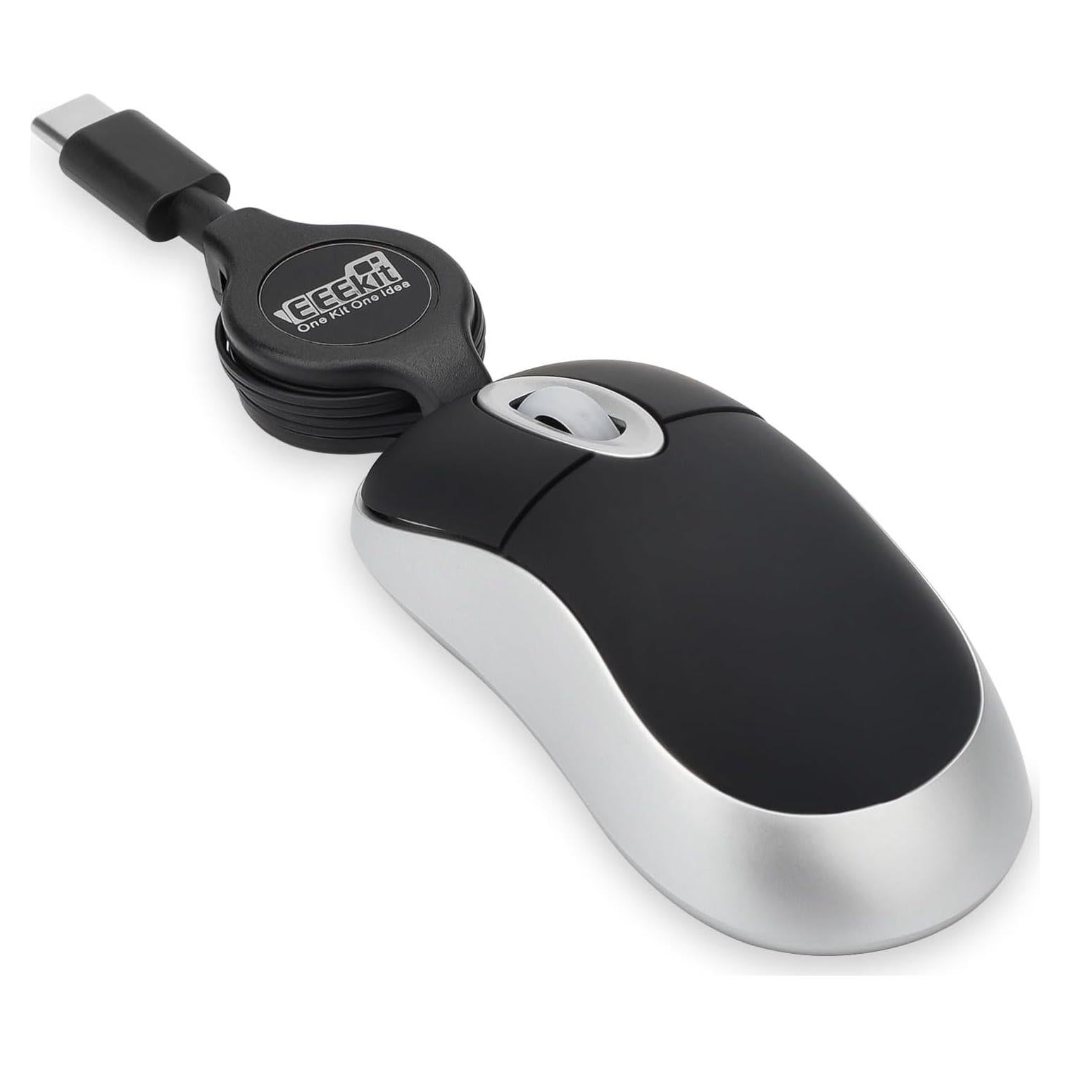 EEEKit Mini Ratón USB-C con Cable Retráctil 1600 DPI Negro
