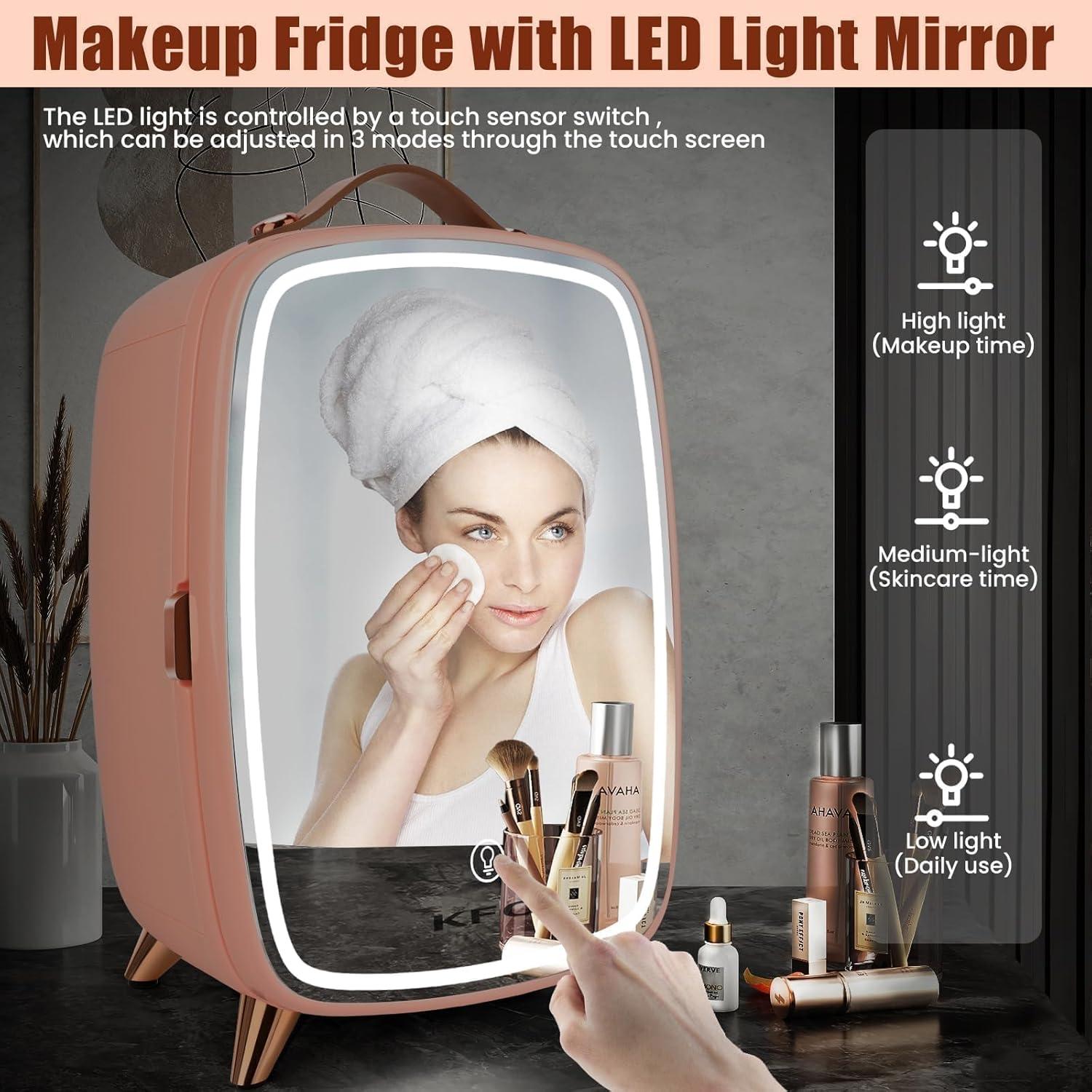 Refrigerador Mini KFO 6L Rosa con Espejo LED y 3 Modos