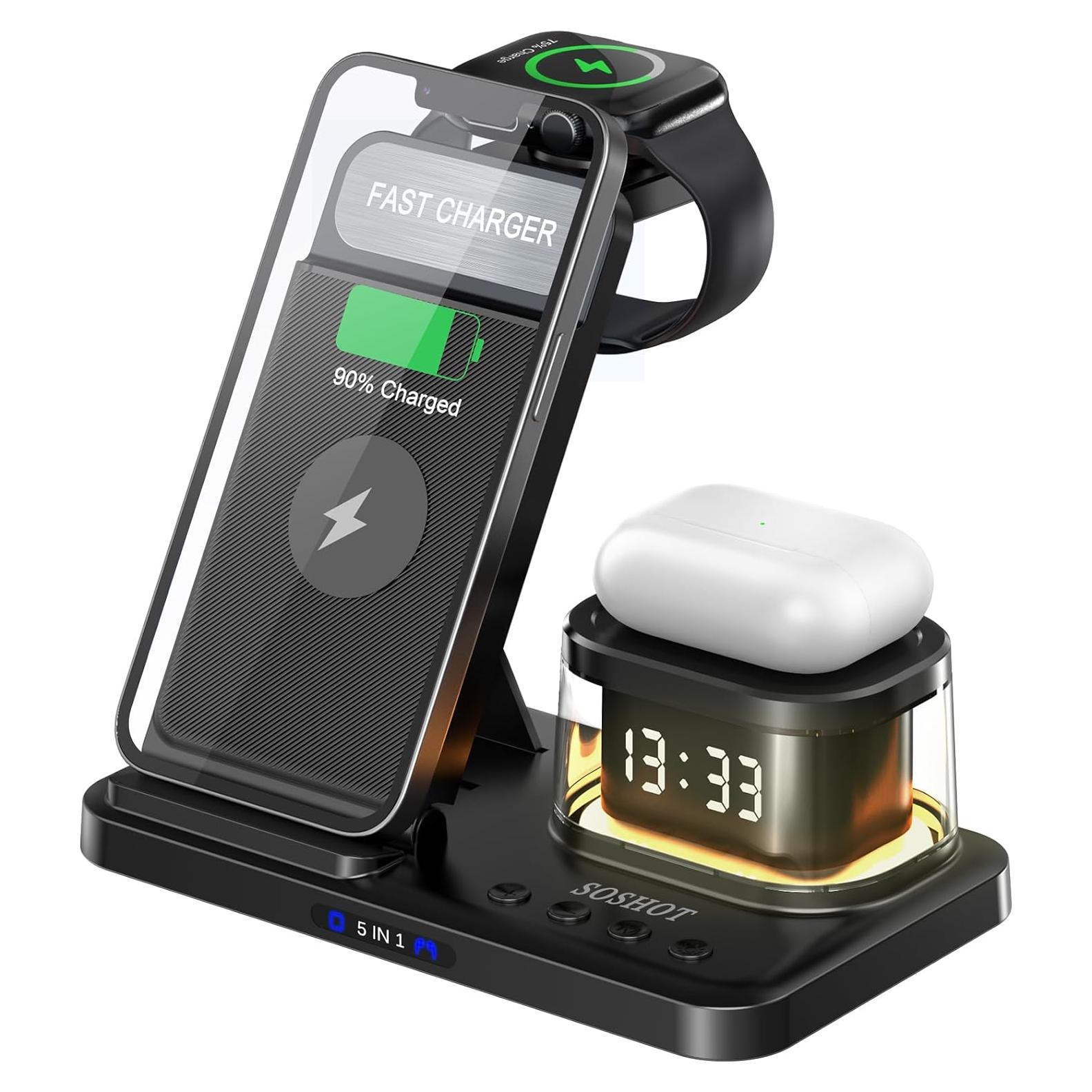 Cargador Inalámbrico 5 en 1 SOSHOT con Reloj y Luz Nocturna