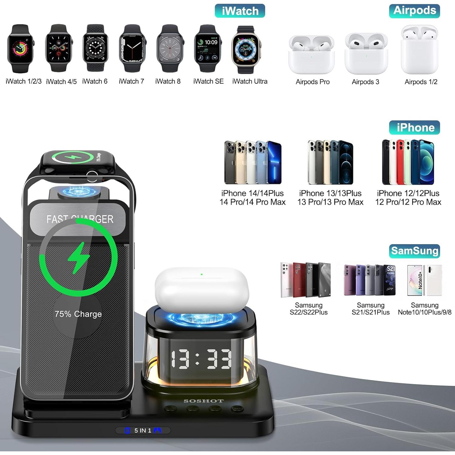 Cargador Inalámbrico 5 en 1 SOSHOT con Reloj y Luz Nocturna
