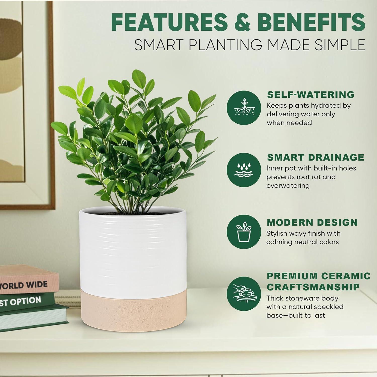 Maceta Autorriego Cerámica Blueming 18 cm Blanco Beige