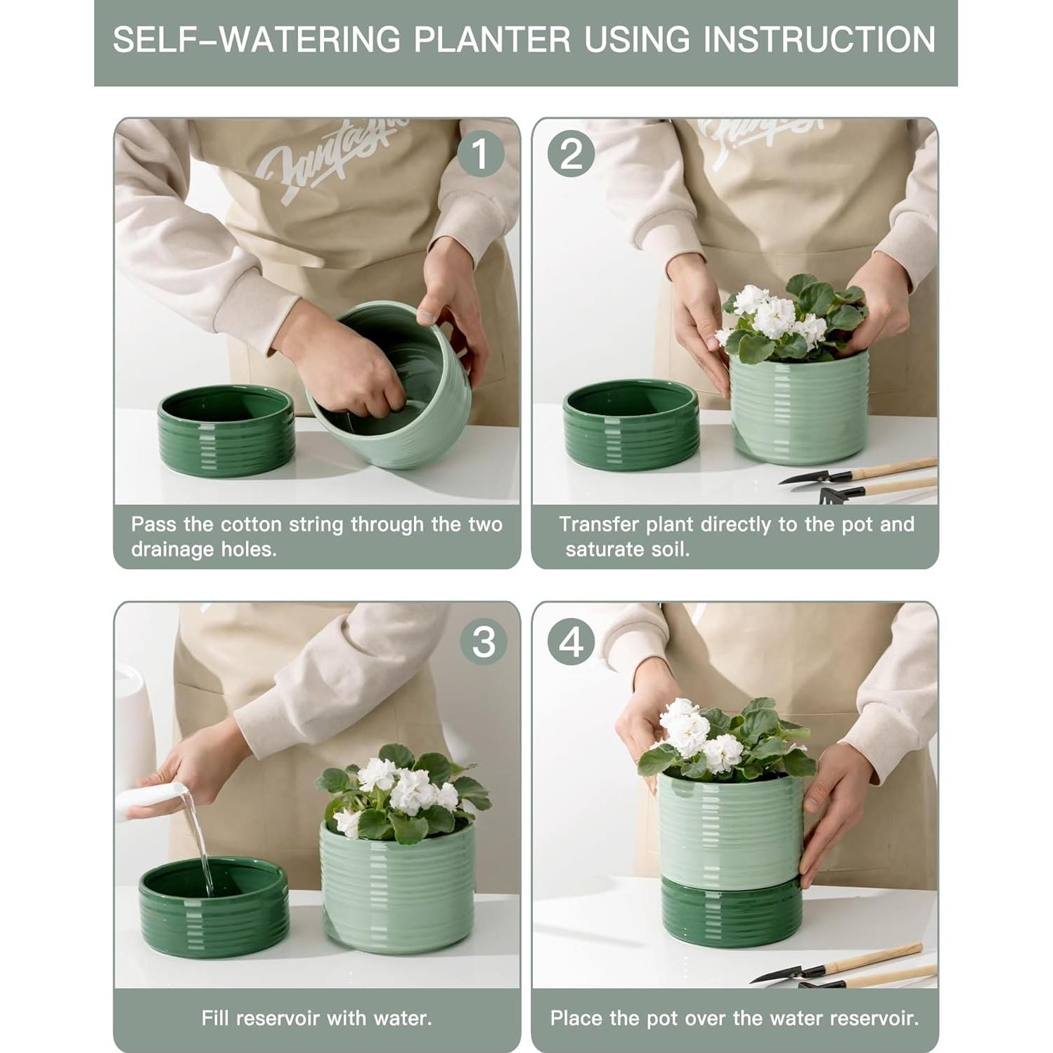 Maceta Autorriego Fayoula Cerámica 15 cm Verde Claro