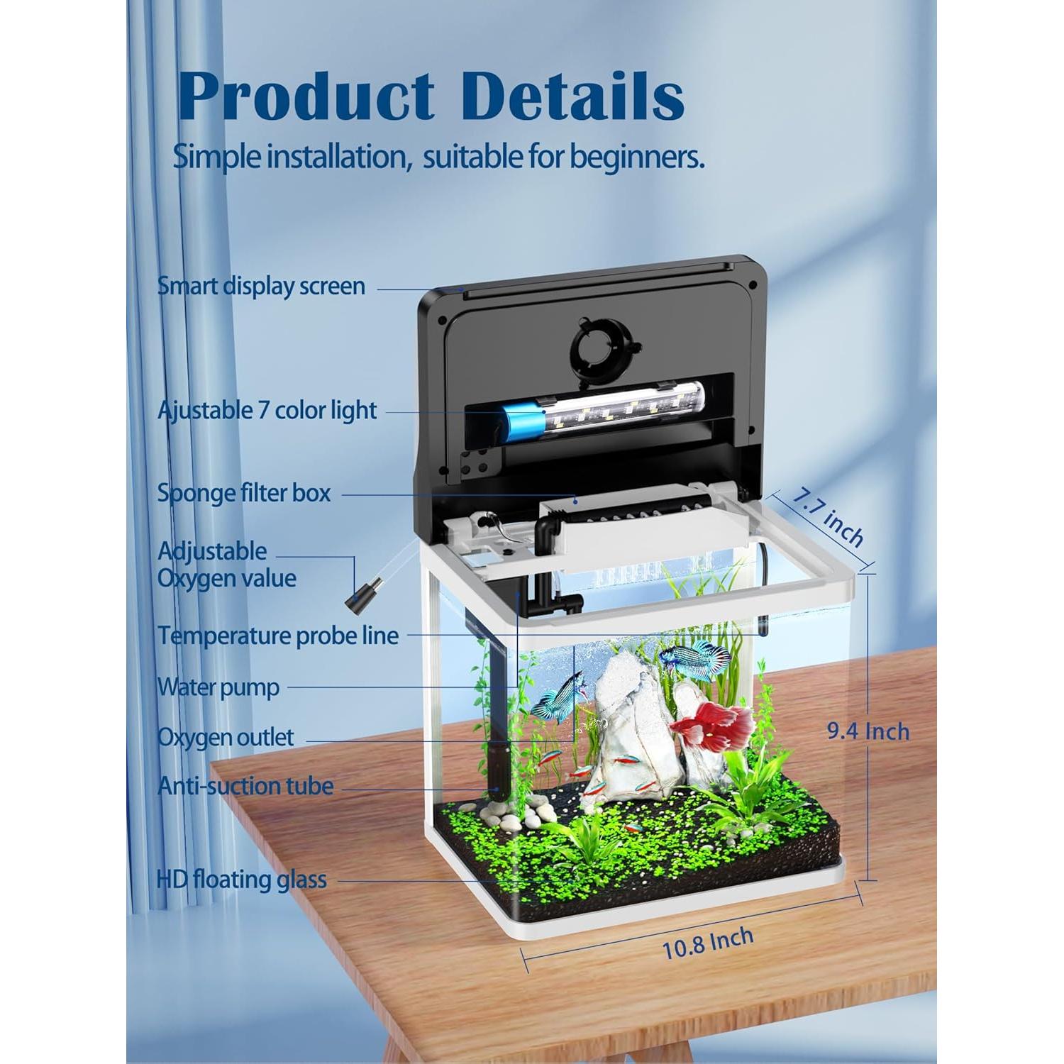 Acuario inteligente ZMULB 11.4L con filtro y luz LED