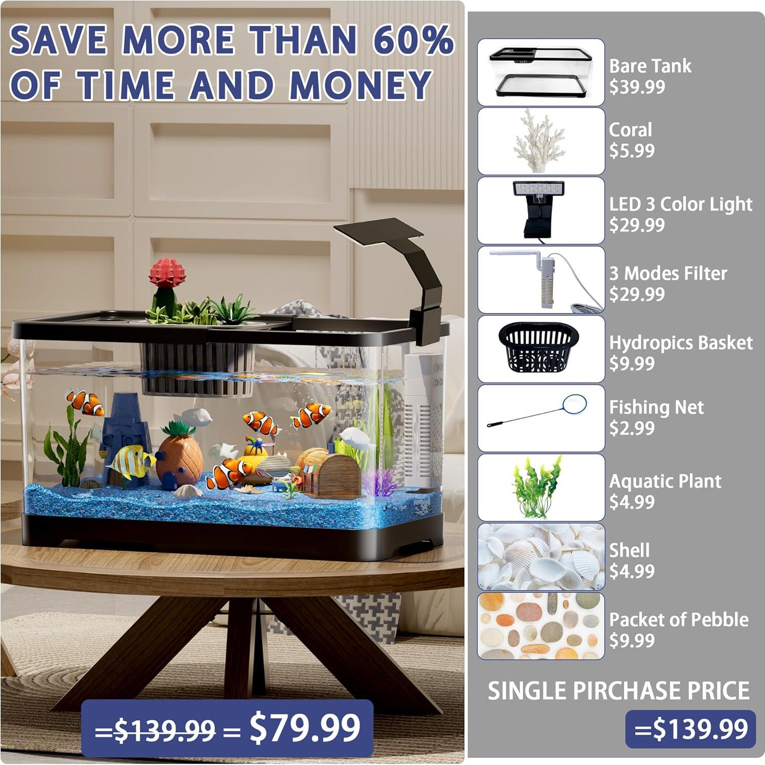 Acuario 20L HYUVCX con Luz LED y Filtro 3 Modos - Negro