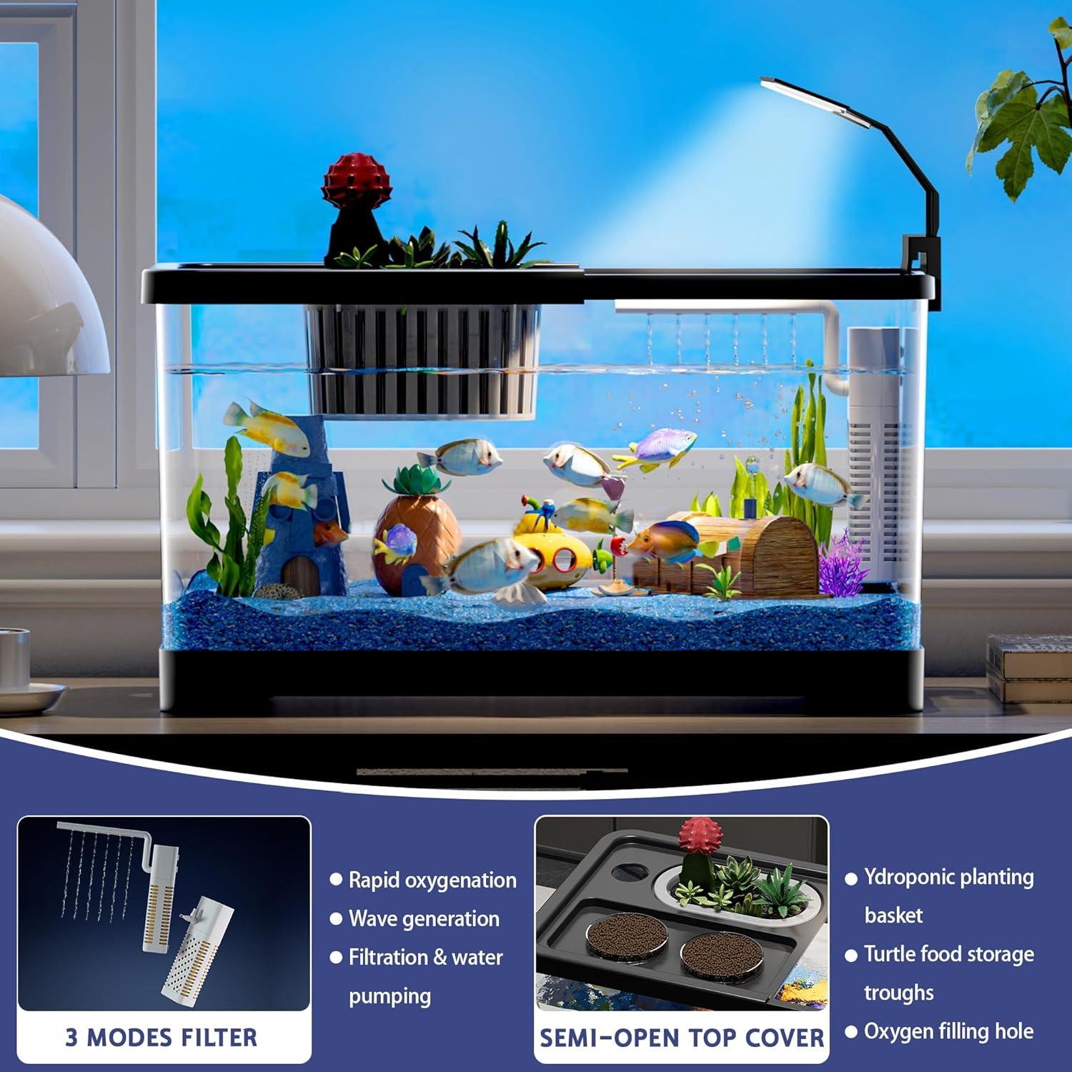 Acuario 20L HYUVCX con Luz LED y Filtro 3 Modos - Negro