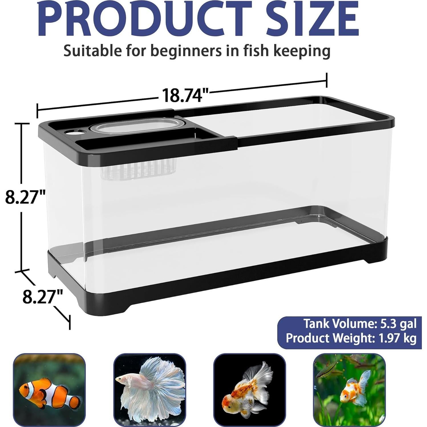 Acuario 20L HYUVCX con Luz LED y Filtro 3 Modos - Negro