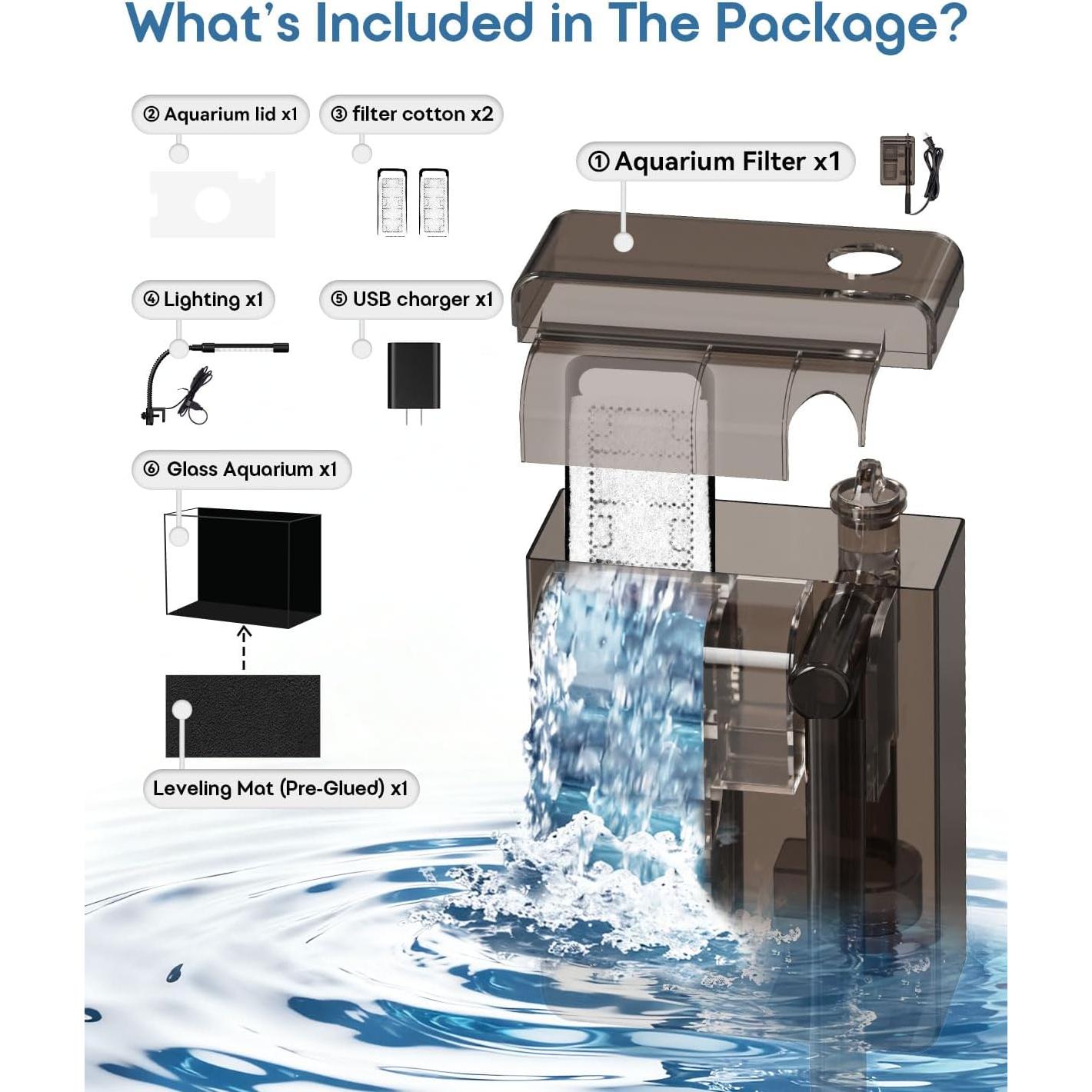 Kit Acuario de Vidrio 9.5 L Minilake con Filtro y Luz LED