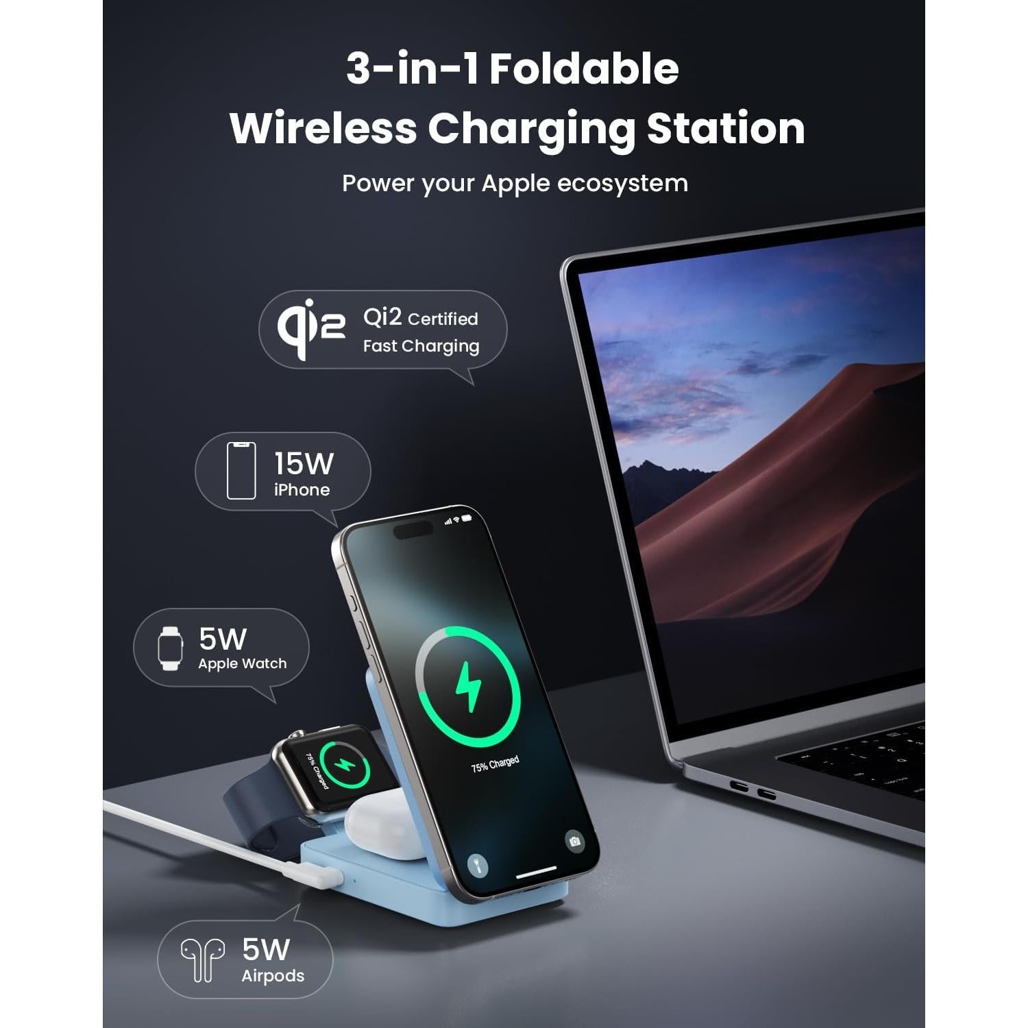 Cargador Inalámbrico 3 en 1 Qi2 15W MagSafe para iPhone