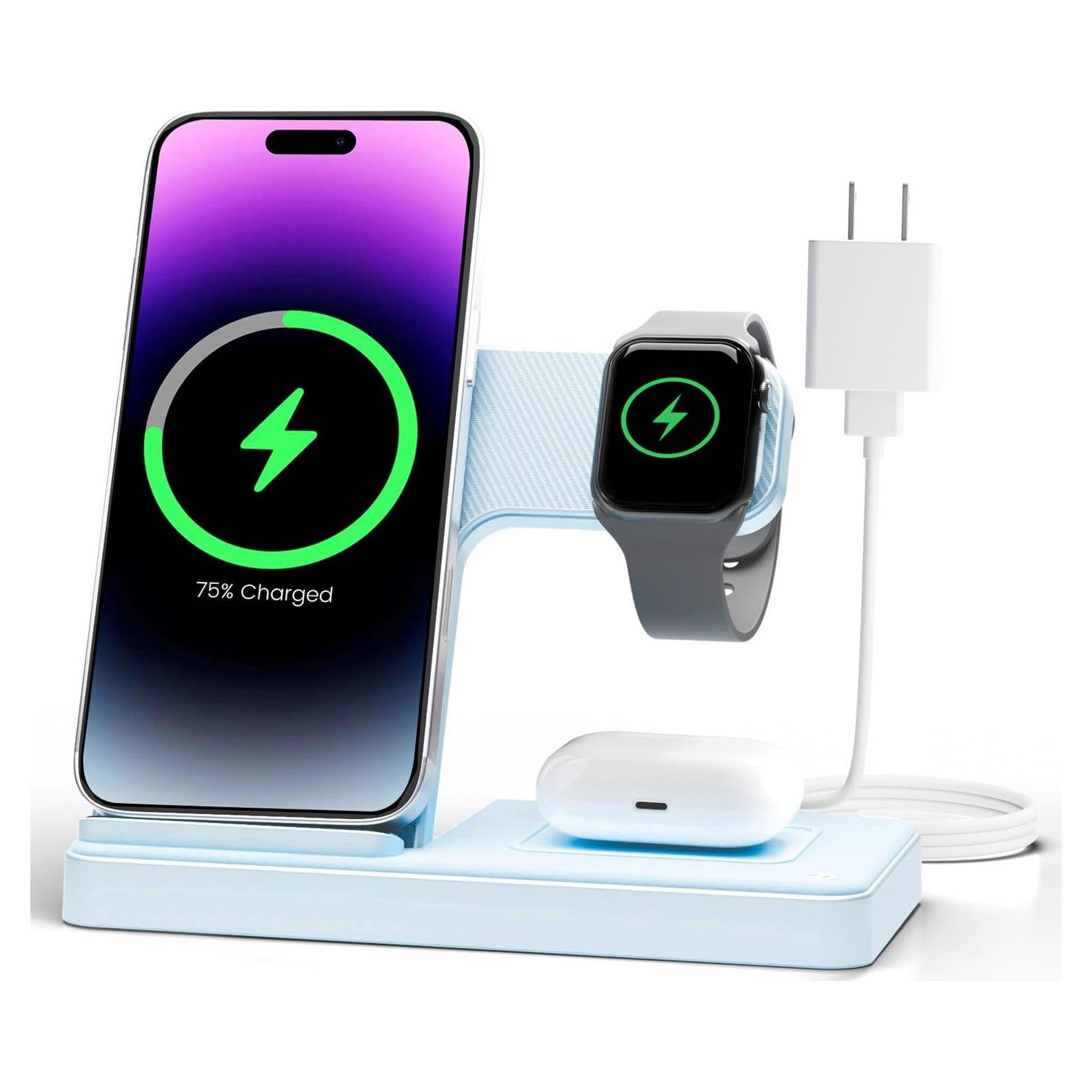 Estación de Carga Inalámbrica 3 en 1 GETPALS Azul para iPhone, Reloj y AirPods