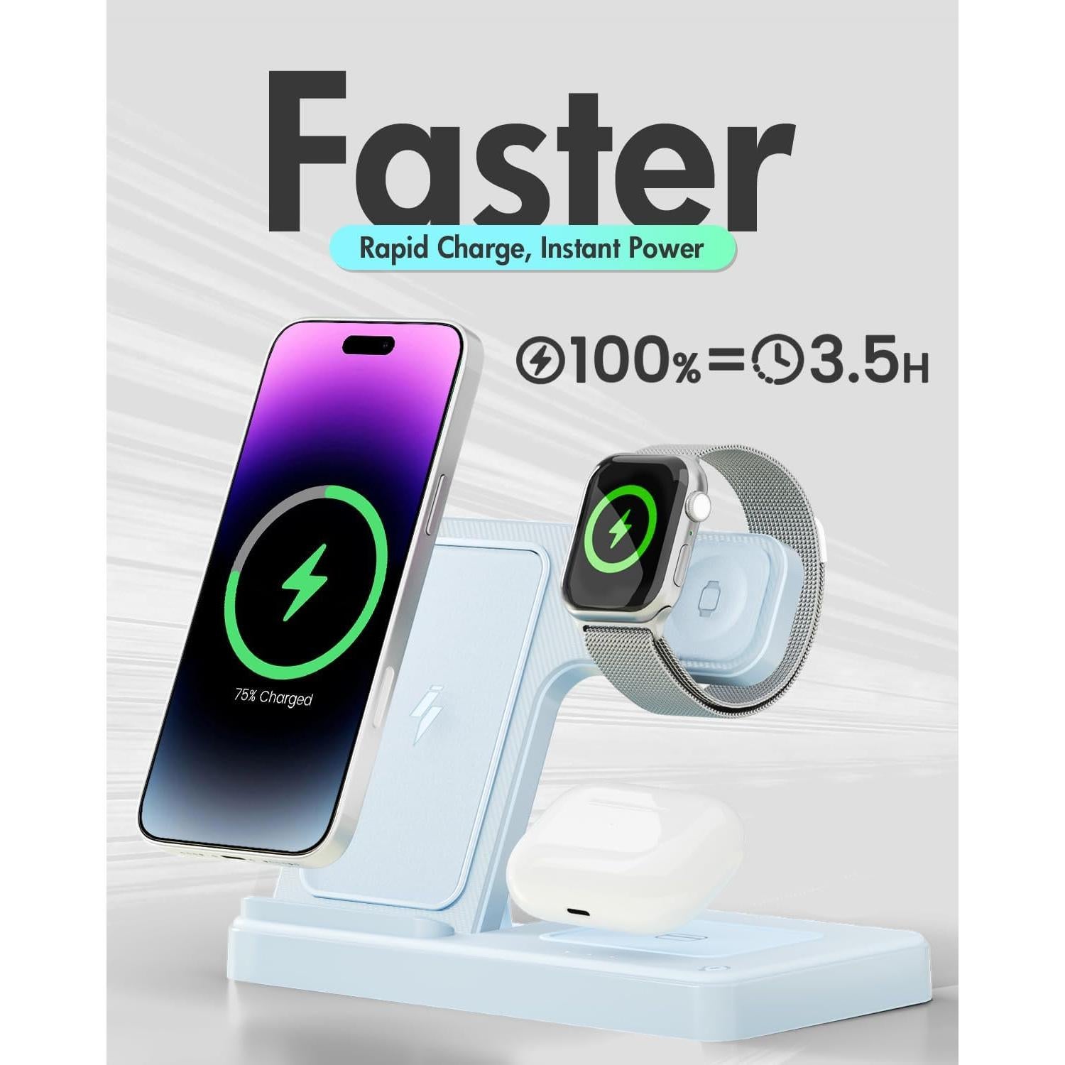 Estación de Carga Inalámbrica 3 en 1 GETPALS Azul para iPhone, Reloj y AirPods