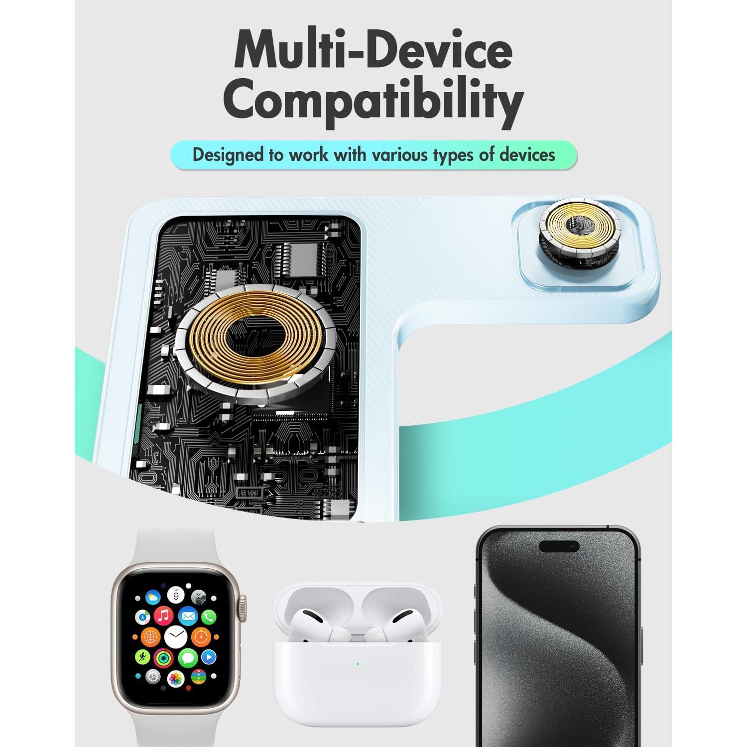 Estación de Carga Inalámbrica 3 en 1 GETPALS Azul para iPhone, Reloj y AirPods