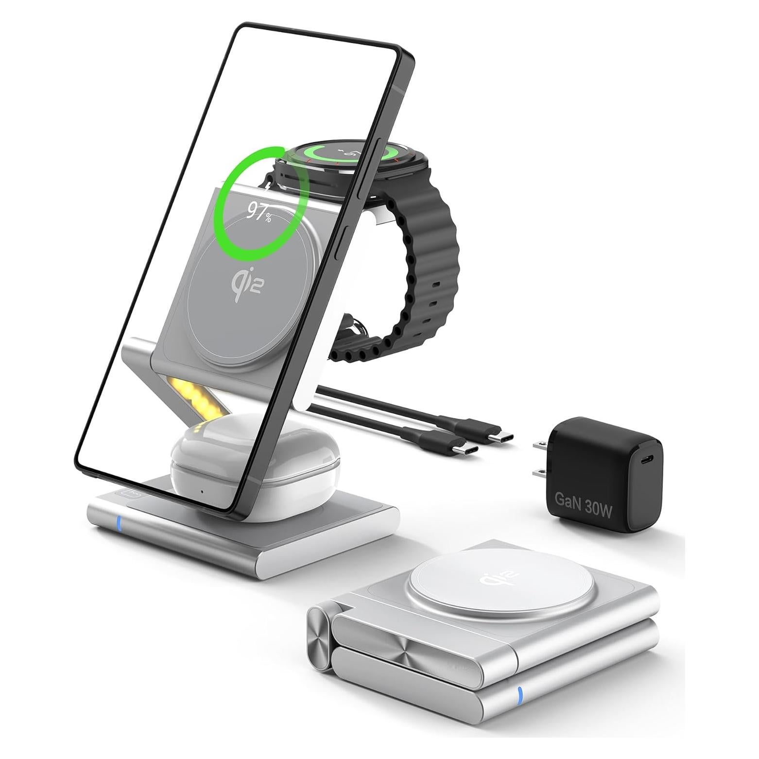 Cargador Magnético 3 en 1 BRIMFORD Qi2 para Samsung Plata