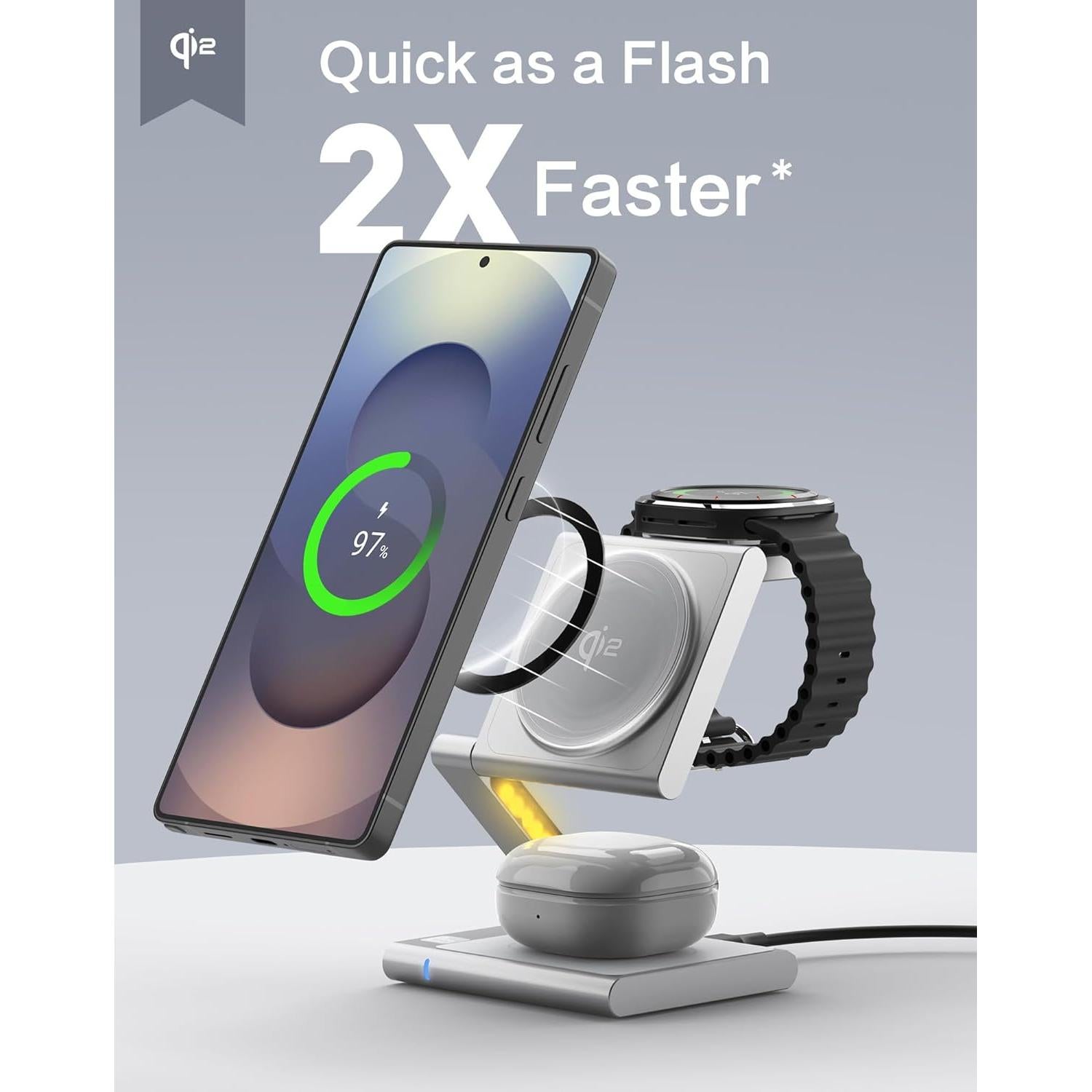 Cargador Magnético 3 en 1 BRIMFORD Qi2 para Samsung Plata