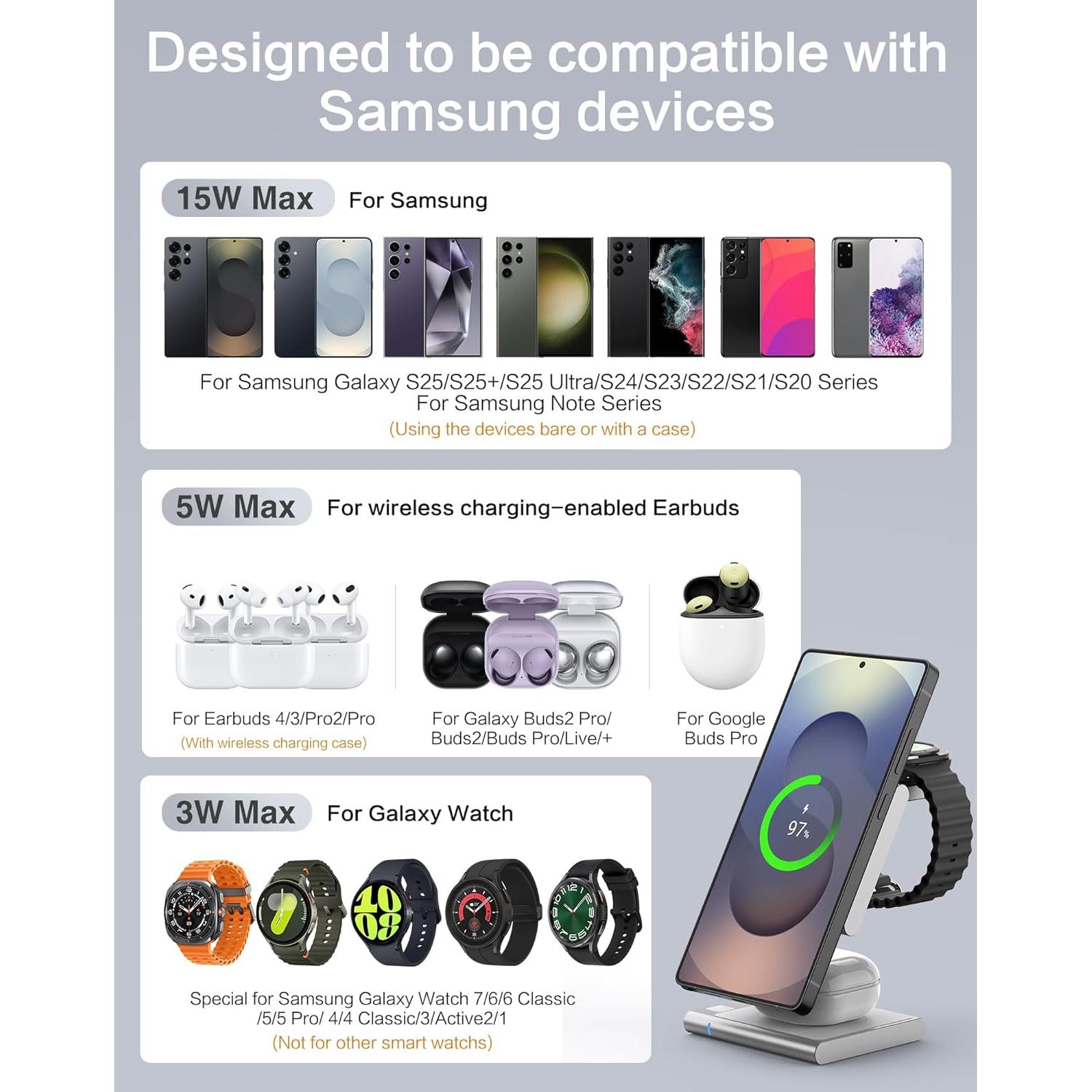 Cargador Magnético 3 en 1 BRIMFORD Qi2 para Samsung Plata