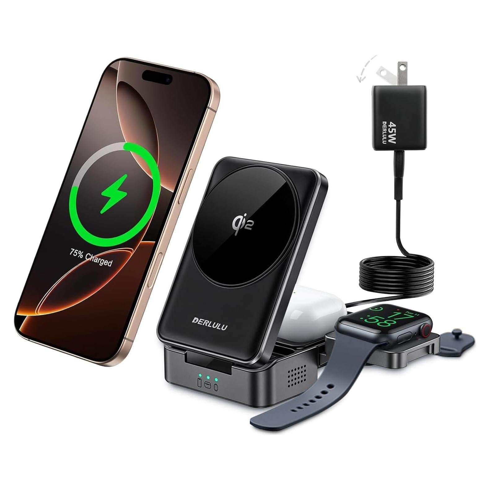 Cargador Inalámbrico 3 en 1 Qi2 DERLULU 15W para Apple