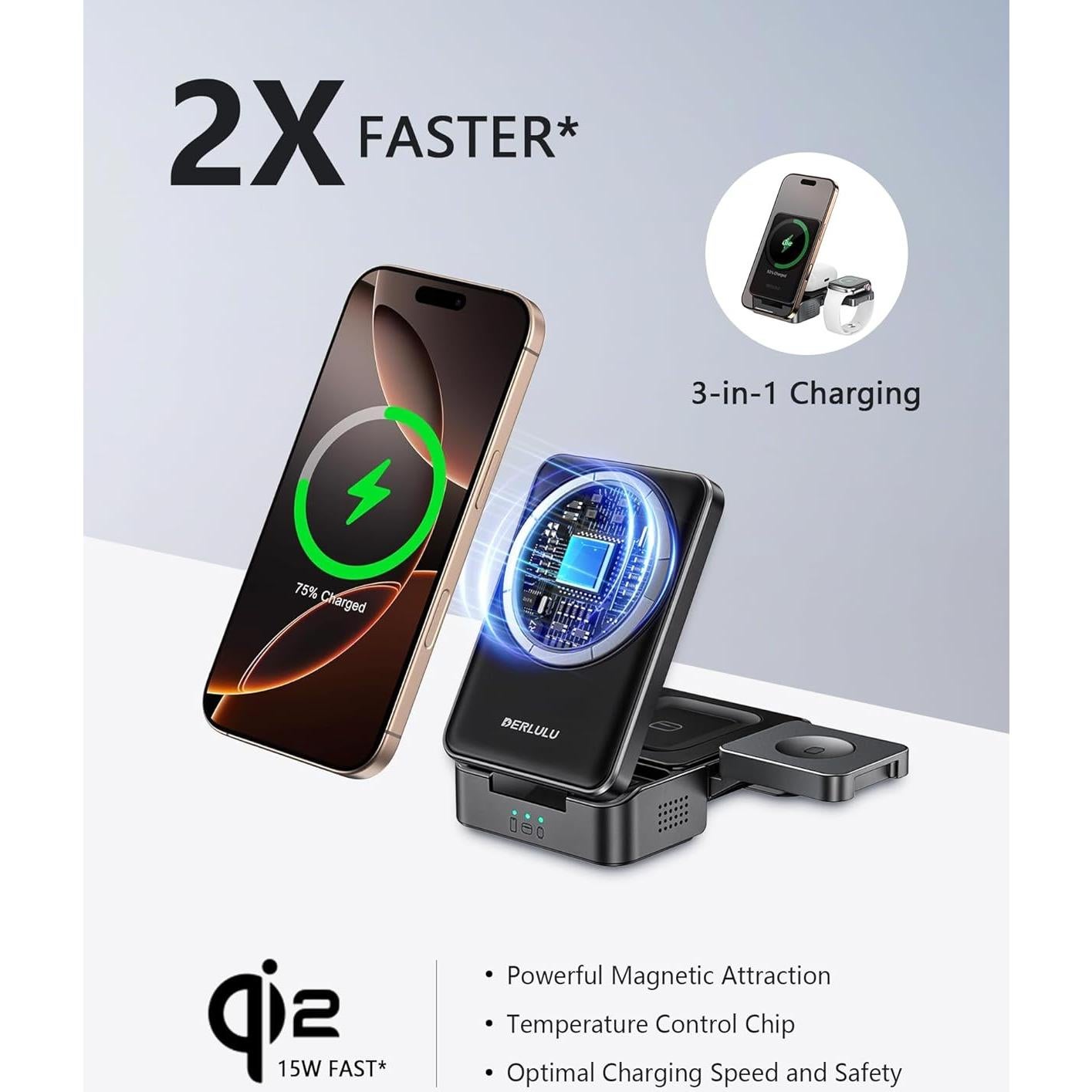 Cargador Inalámbrico 3 en 1 Qi2 DERLULU 15W para Apple