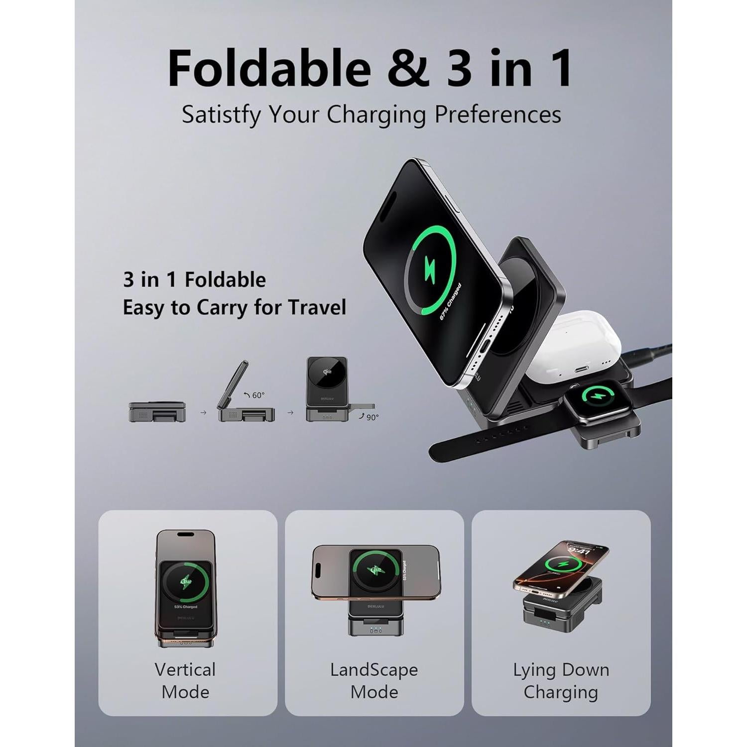 Cargador Inalámbrico 3 en 1 Qi2 DERLULU 15W para Apple