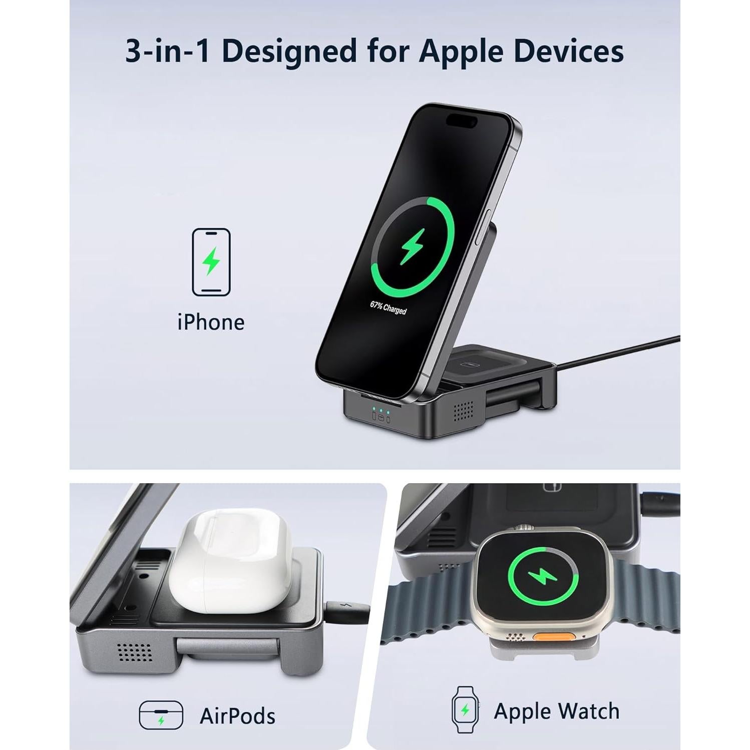 Cargador Inalámbrico 3 en 1 Qi2 DERLULU 15W para Apple