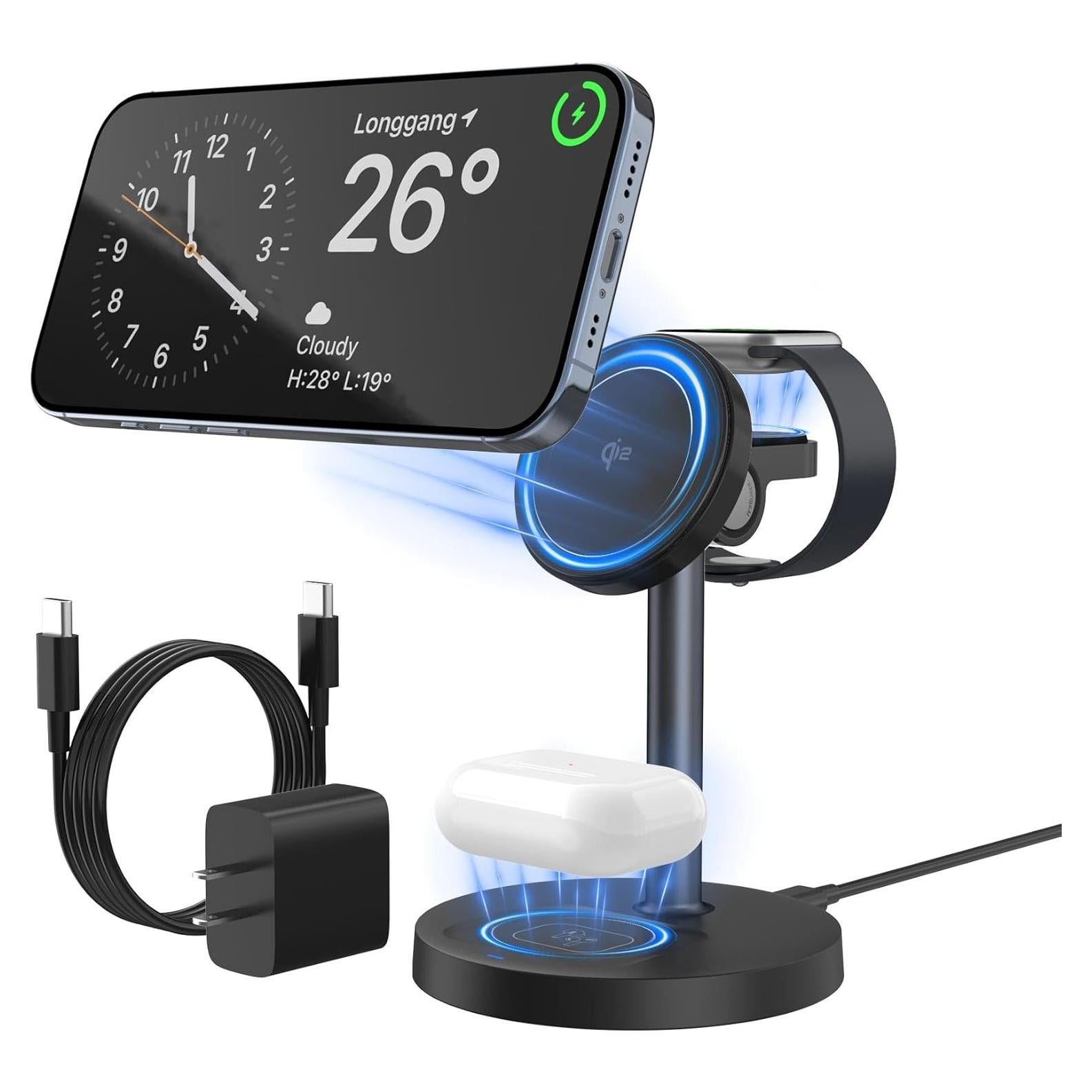 Cargador Inalámbrico 3 en 1 TISINO Qi2 15W para iPhone, Apple Watch y AirPods