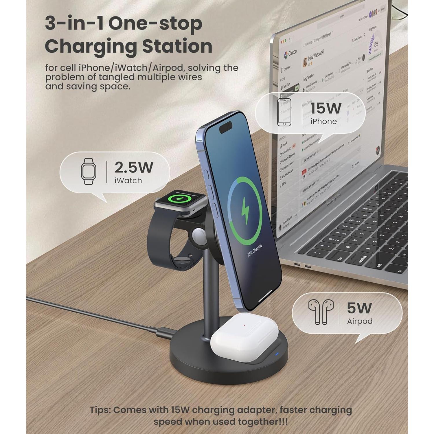 Cargador Inalámbrico 3 en 1 TISINO Qi2 15W para iPhone, Apple Watch y AirPods