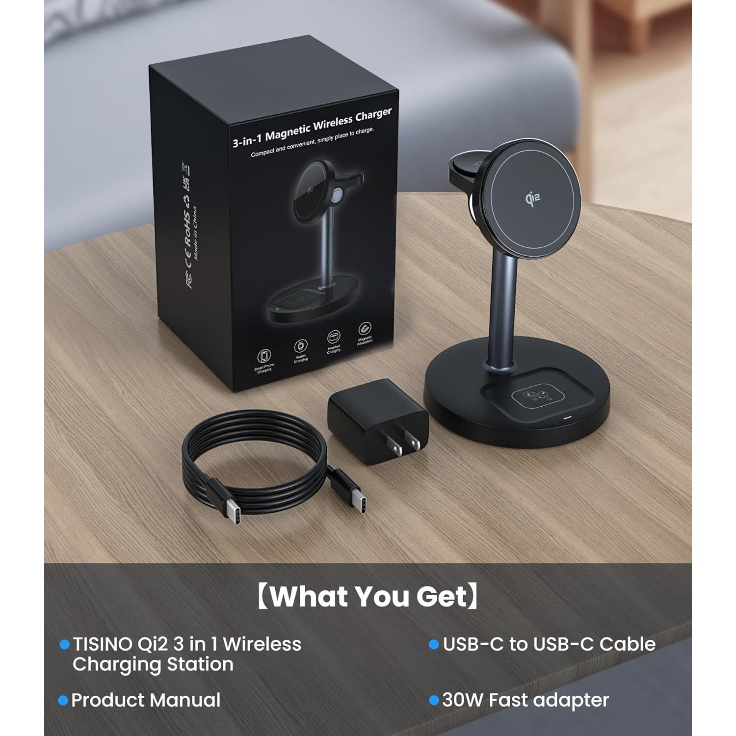 Cargador Inalámbrico 3 en 1 TISINO Qi2 15W para iPhone, Apple Watch y AirPods