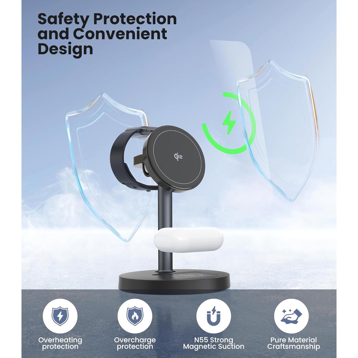 Cargador Inalámbrico 3 en 1 TISINO Qi2 15W para iPhone, Apple Watch y AirPods