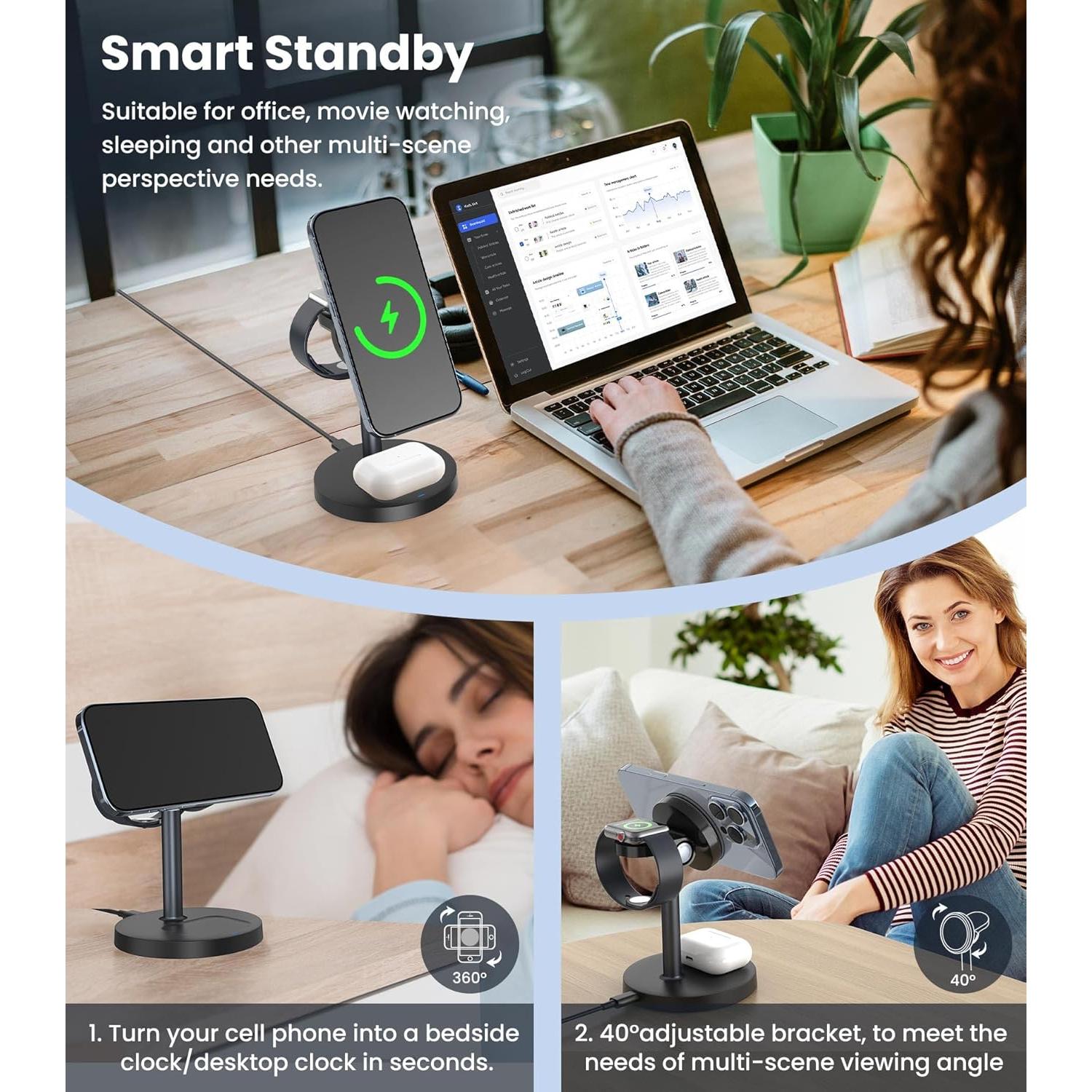 Cargador Inalámbrico 3 en 1 TISINO Qi2 15W para iPhone, Apple Watch y AirPods