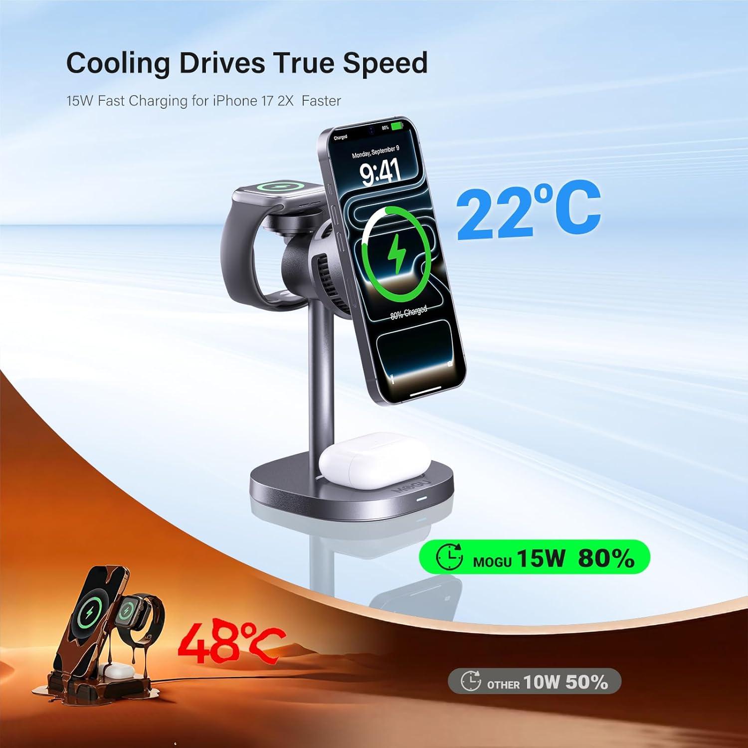 Estación de Carga Inalámbrica MOGU 3 en 1 con Ventilador 15W