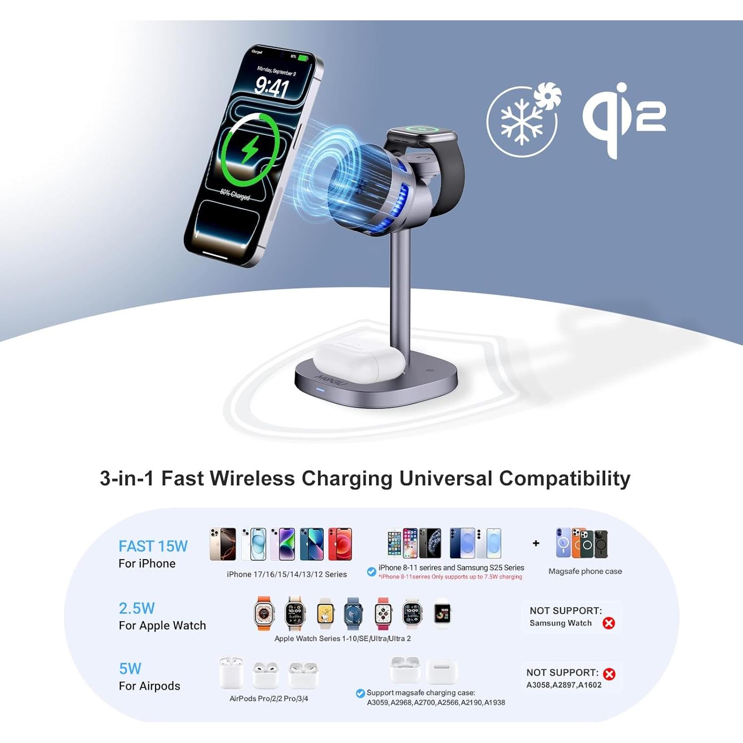 Estación de Carga Inalámbrica MOGU 3 en 1 con Ventilador 15W