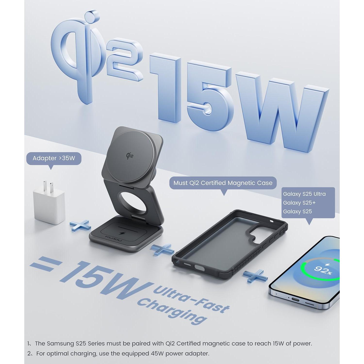 Cargador Inalámbrico Plegable 3 en 1 KU XIU Qi2 15W para Samsung