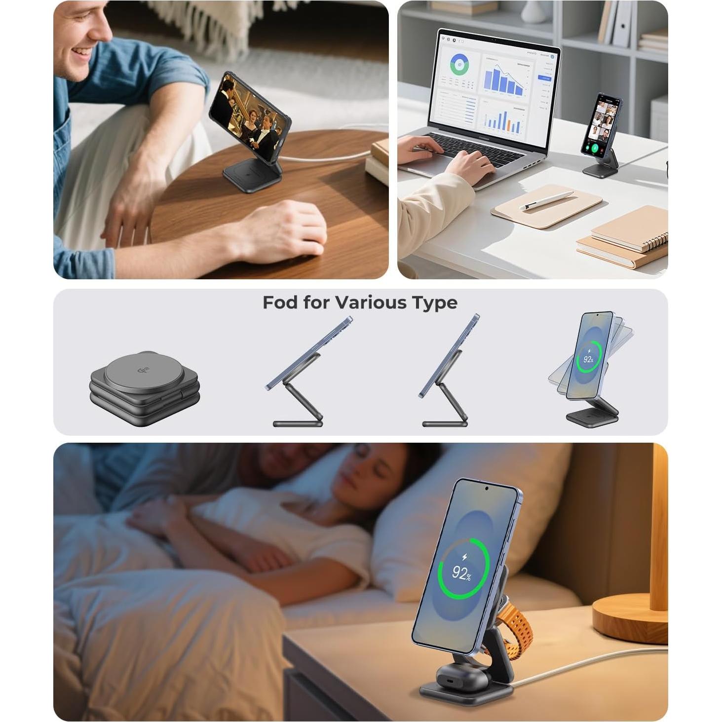 Cargador Inalámbrico Plegable 3 en 1 KU XIU Qi2 15W para Samsung