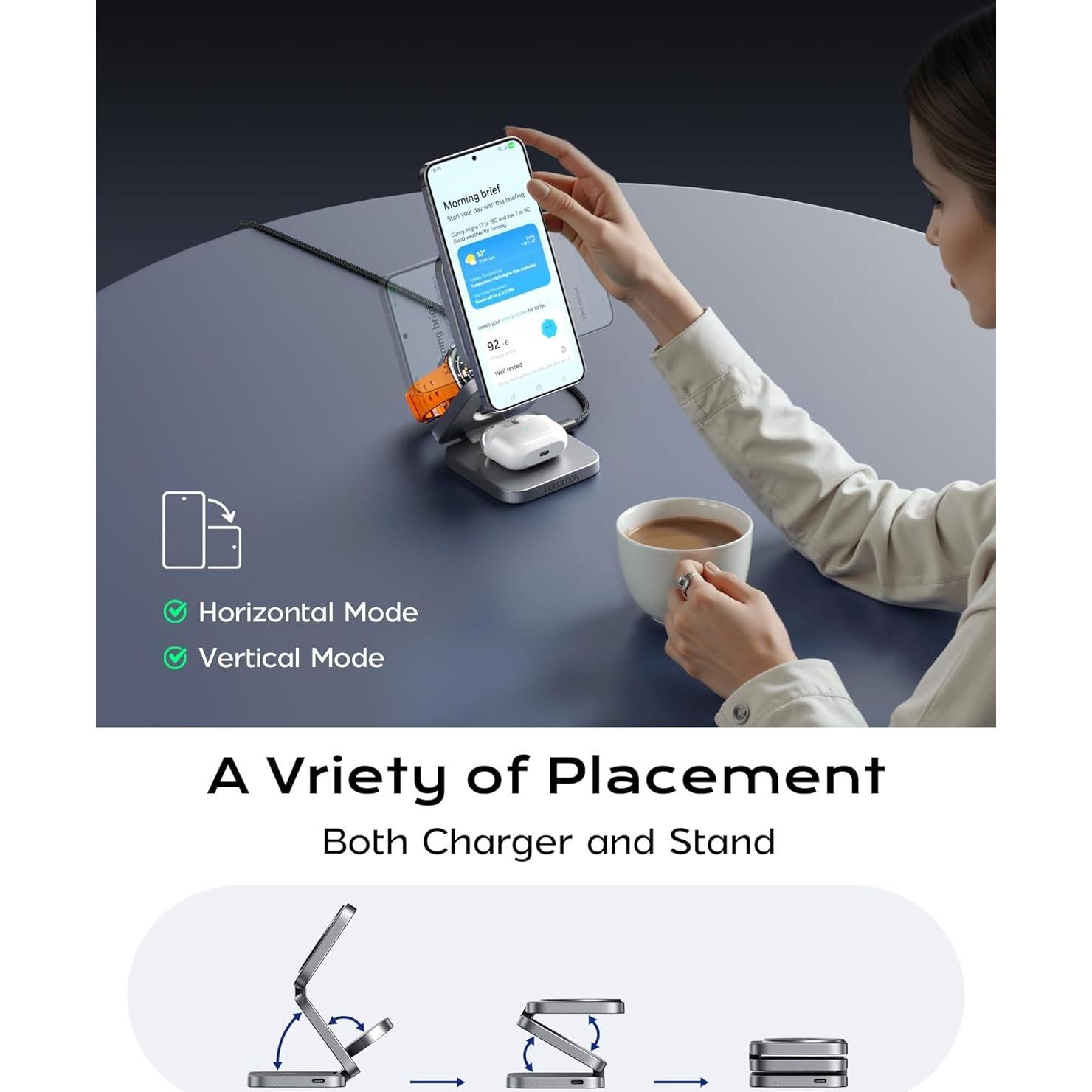 Estación de Carga Inalámbrica Plegable 3 en 1 LULULOOK Gris