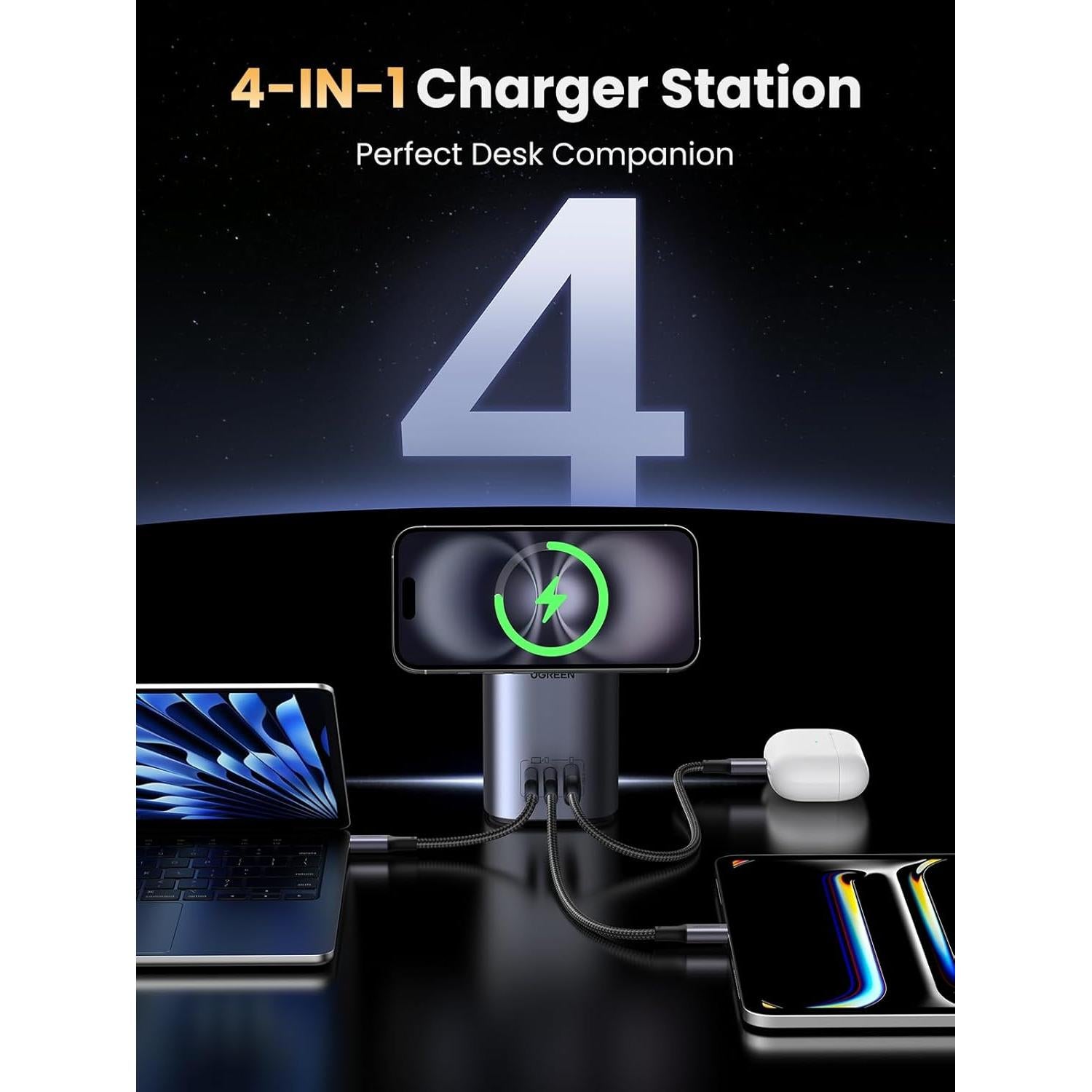 Cargador UGREEN Nexode 65W 4 en 1 USB-C y Qi2 Plegable